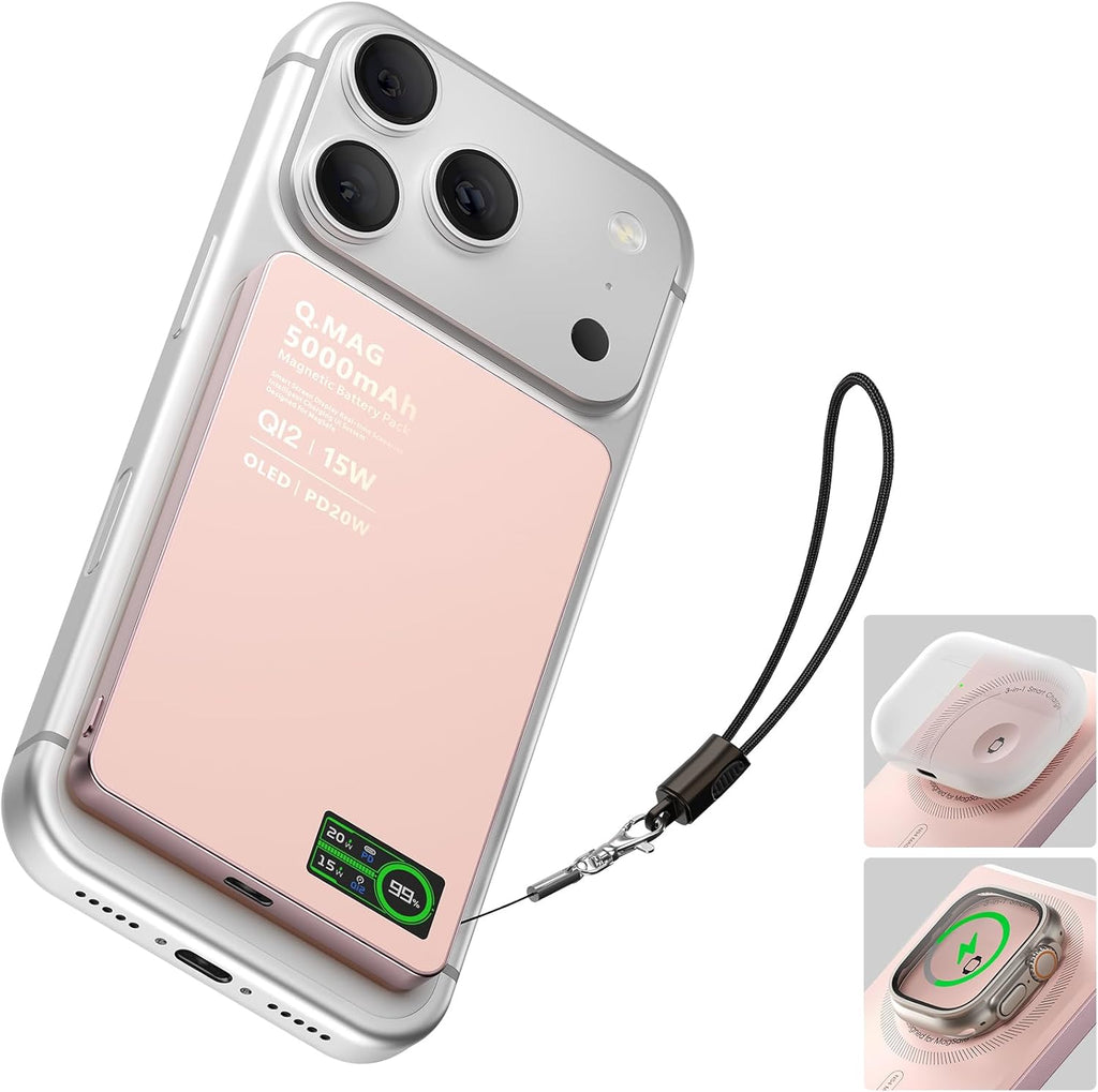 Magnetic Power Bank with iWatch Charger, Ultra-Slim 5000mAh Qi2 15W Wireless Mag-Safe Battery Pack with LCD Display, PD 20W Fast Portable Charger for iPhone Air/17/16/15/14 Series/Apple Watch