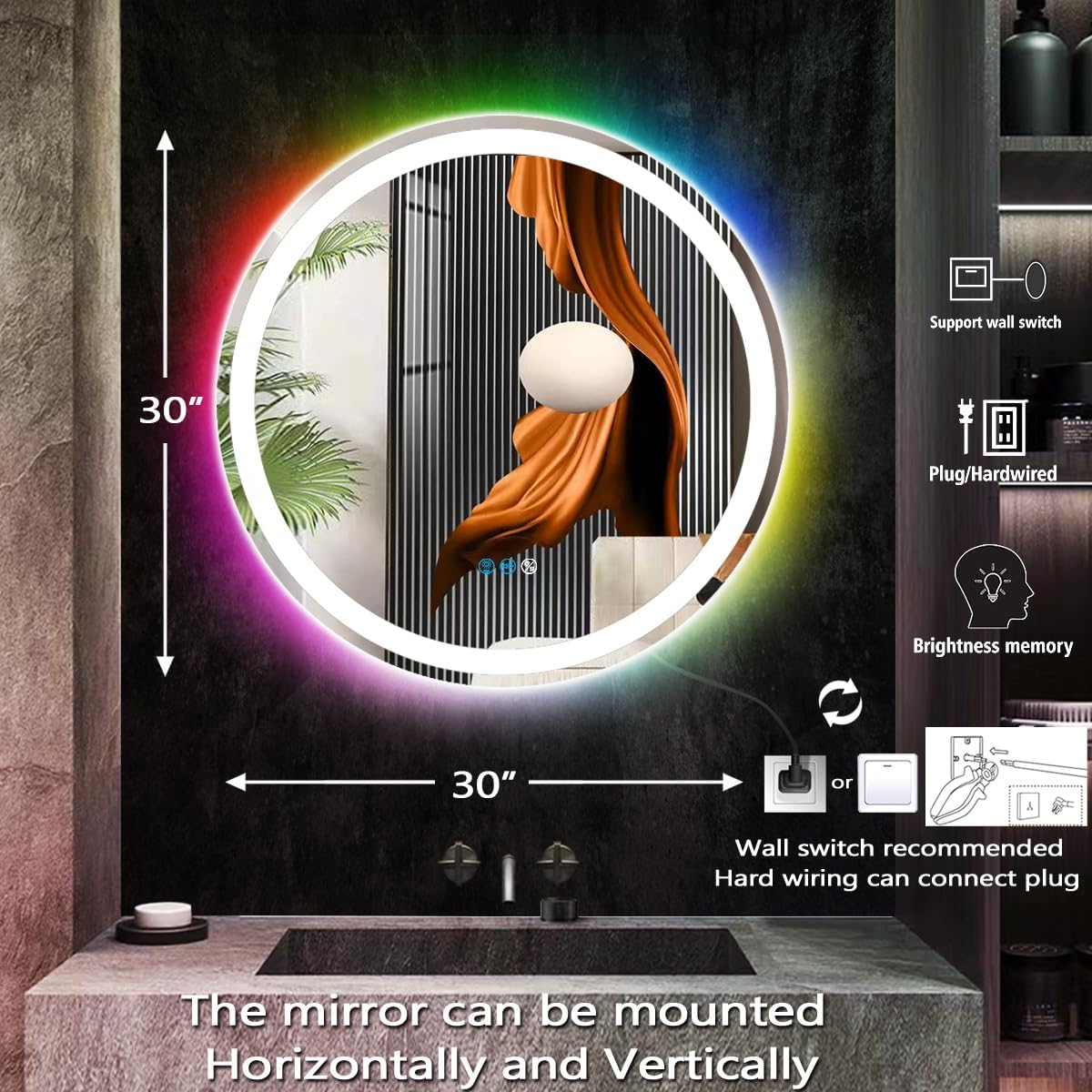 THEKLA 30 Inch Bathroom Led Round Mirror with Lights 3Color + RGB Rainbow Color Changing Backlit Round Lighted Vanity Mirror for Bathroom Wall Dimmable AntiFog 30in Circle Round Smart Light up Mirror