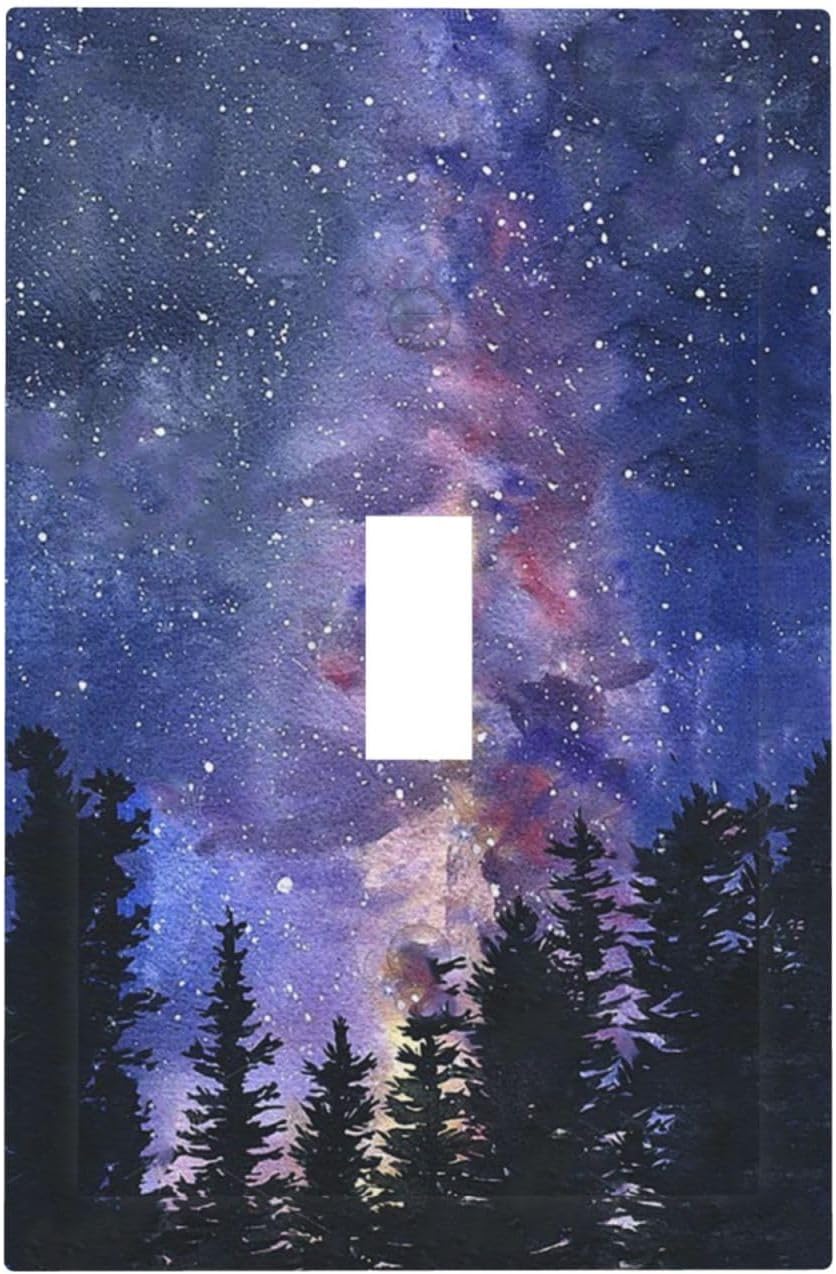 Decorative Light Switch Cover Dream Milky Way Starry Forest Pine Watercolor Painting 1 Gang Single Toggle Decorator Outlet Wall Plate Device Electrical Faceplate Switchplates for Bedroom Home Decor