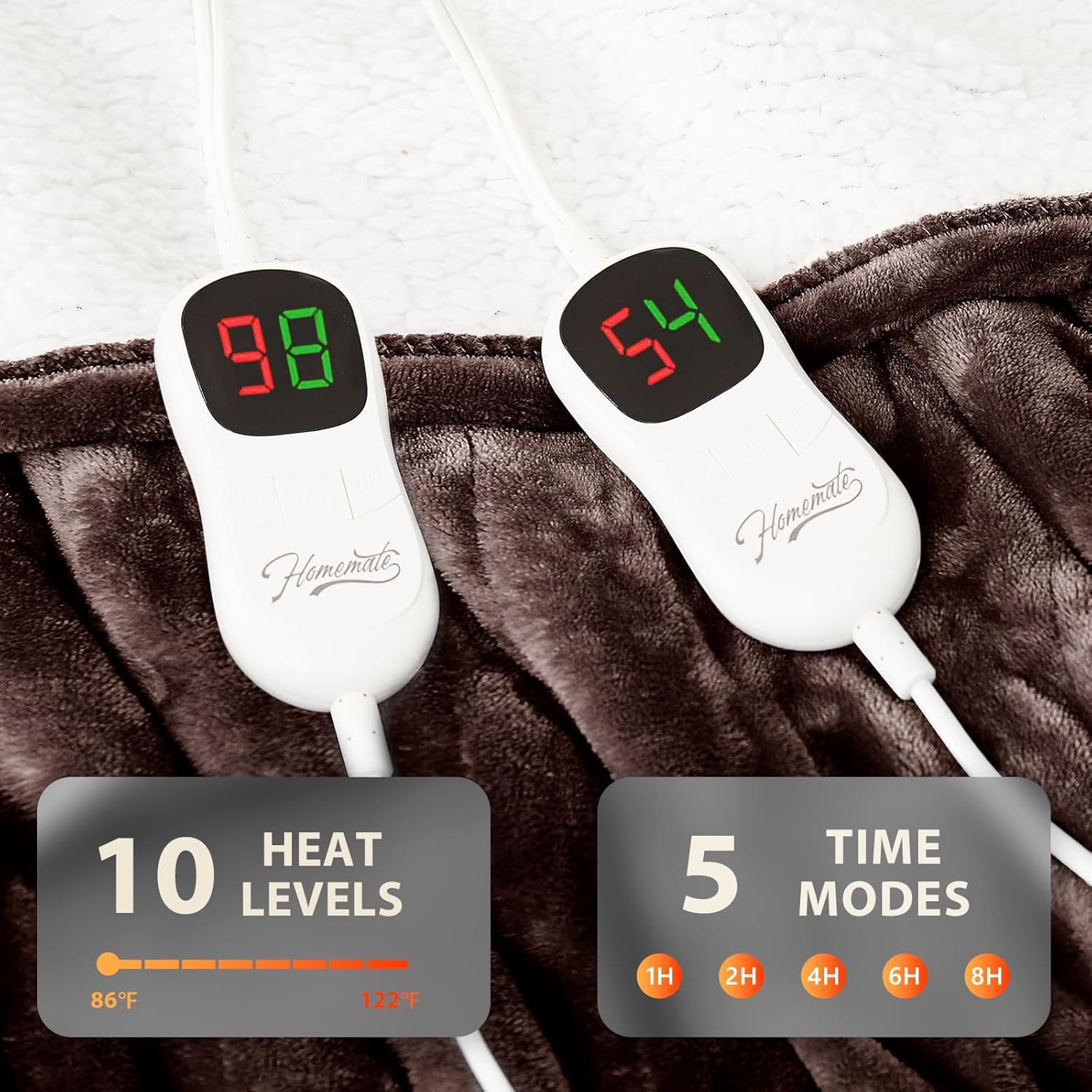 Homemate Electric Heated Blanket Queen - 84"x90" Heating Bed Blankets Throw with 10 Heating Levels 8 Hours Auto Off Fast Heating Over-Heated Protection Ultra Soft Warm Flannel ETL Certified Brown