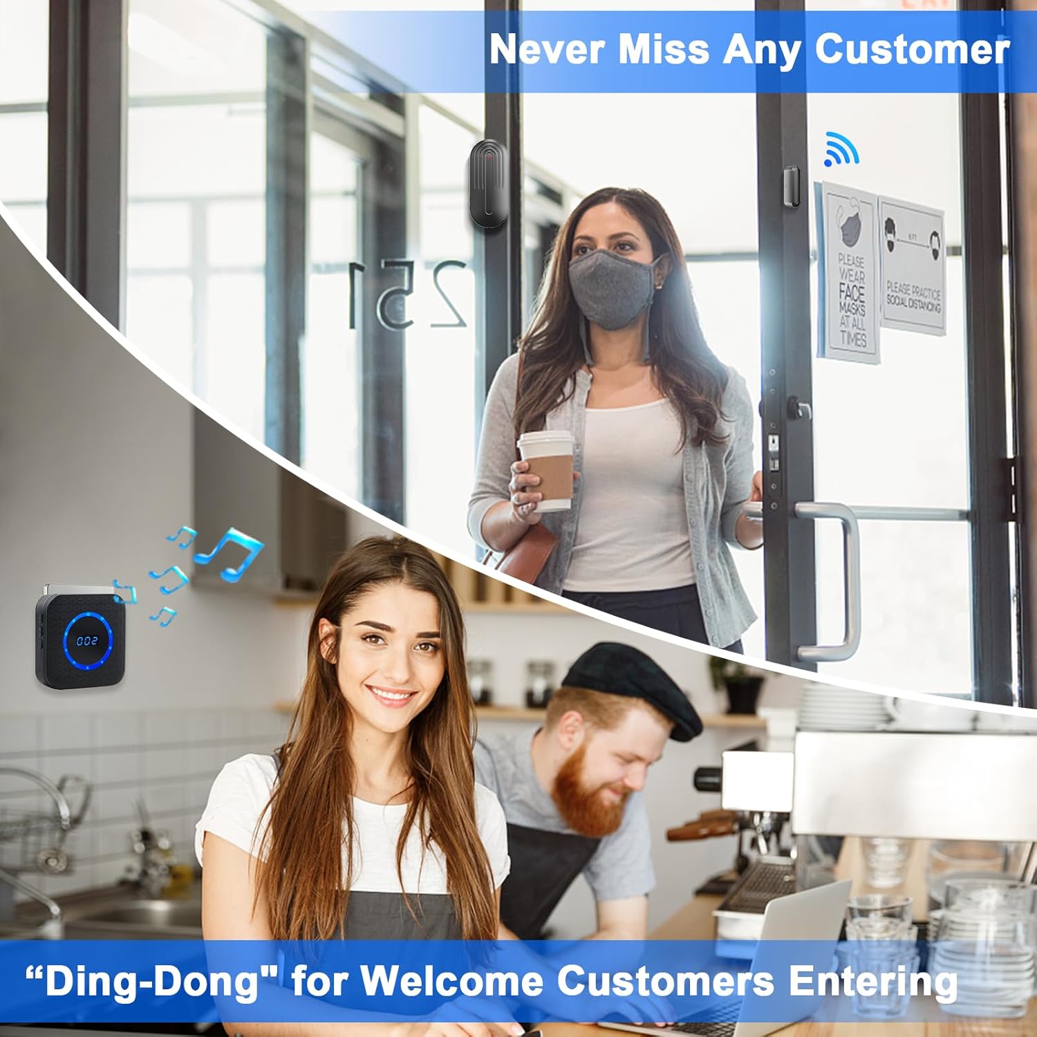 Wireless Door Chime for Business When Entering Door Alarm with 55 Chimes 5 Volume Levels Door Sensor Alert for Home with Number Display(2 Receiver & 3 Sensor)