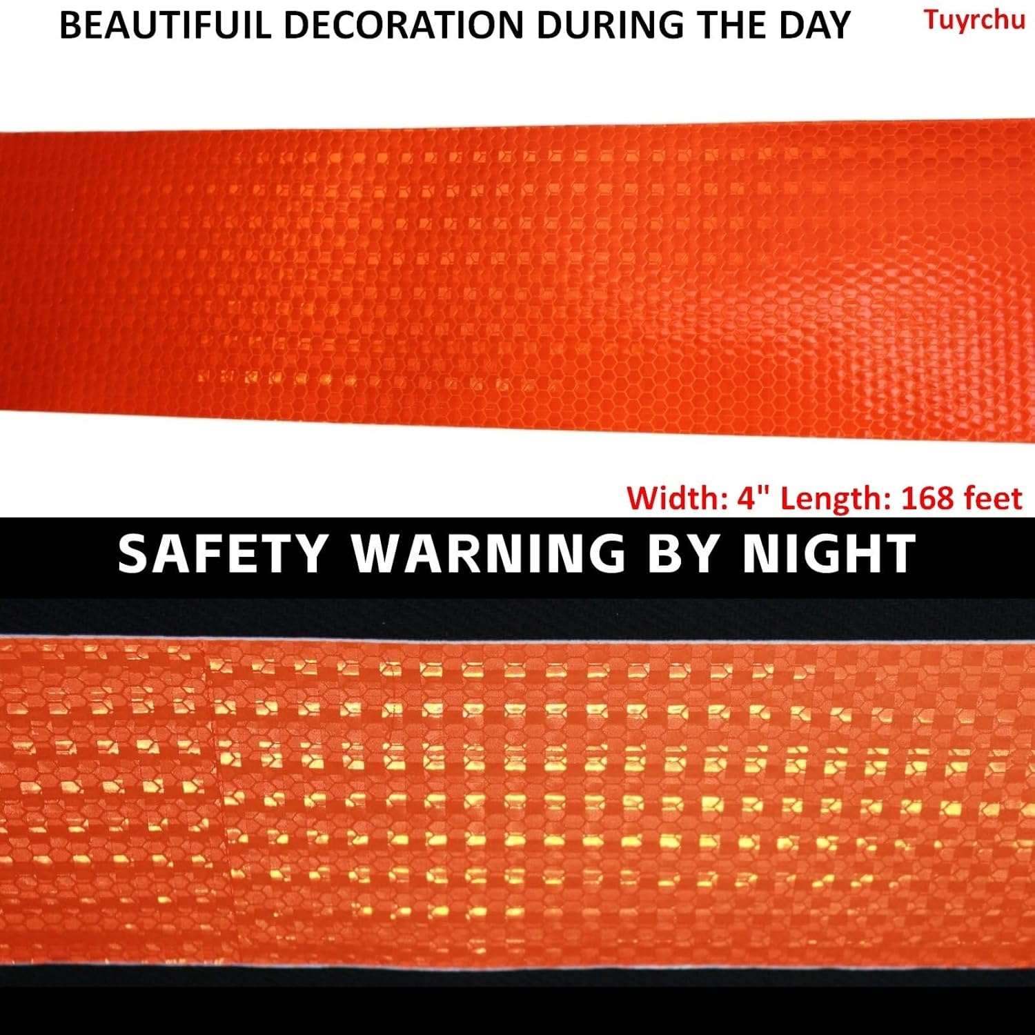 Orange Reflective Tape Outdoor Waterproof 4 inch Wide, High Visibility Industrial Marking Tape, Safety Adhesive Stickers (168 feet)