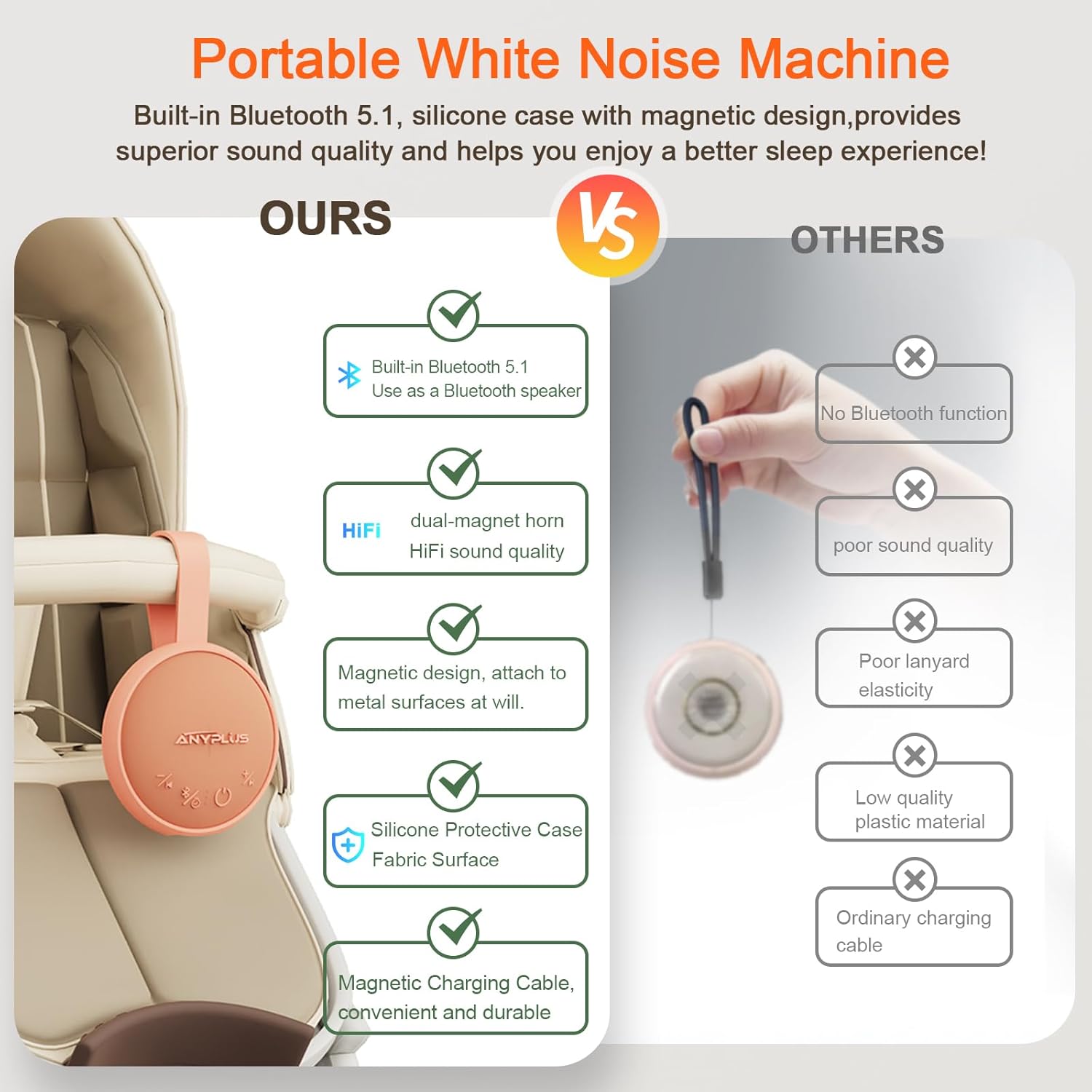 White Noise Sound Machine, Portable Sound Machine for Sleeping Adults & Baby, with Bluetooth 5.1/24 Soothing Sounds/Battery Powered/3 Timer Memory Function for Office/Bedroom/Travel (Orange