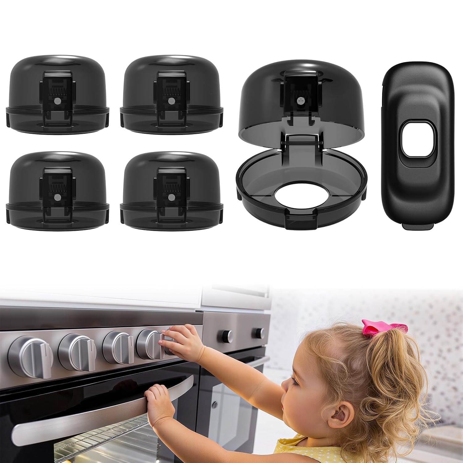 Stove Knob Covers - 5+1 Pack Heat Resistant Gas Stove Knob Covers with Child Proof Lock & Strong Adhesive, Oil-Proof Oven Knob Covers with Semi-Transparent Design, Black