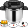 KOCH SYSTEME CS Pressure Cooker Stainless Steel, 6.3 QT Olla de Presion, Easy One-Press Lock, 3 PSI Settings Pressure Cooker, Save 70% Time, Gas & Induction Compatible, Glass Lid & Steamer Rack