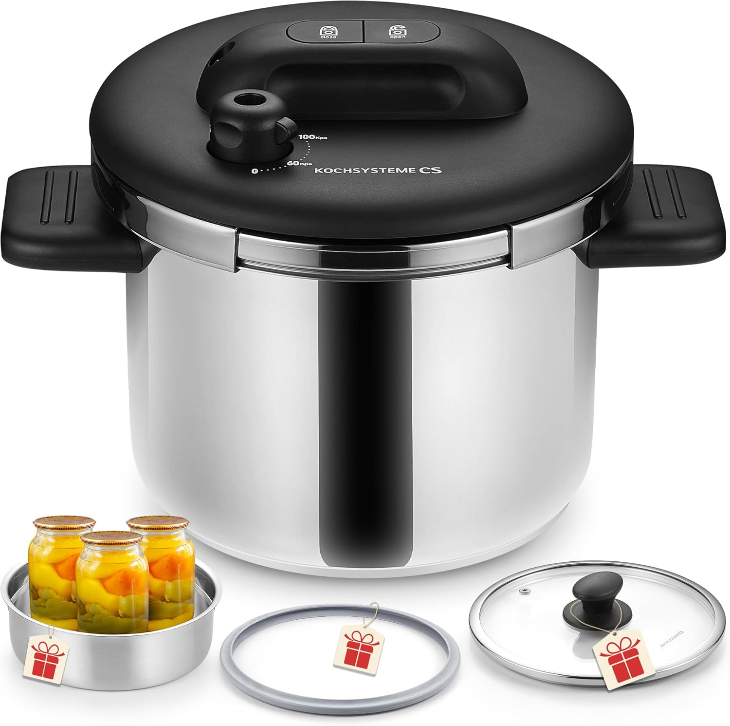 KOCH SYSTEME CS Pressure Cooker Stainless Steel, 6.3 QT Olla de Presion, Easy One-Press Lock, 3 PSI Settings Pressure Cooker, Save 70% Time, Gas & Induction Compatible, Glass Lid & Steamer Rack