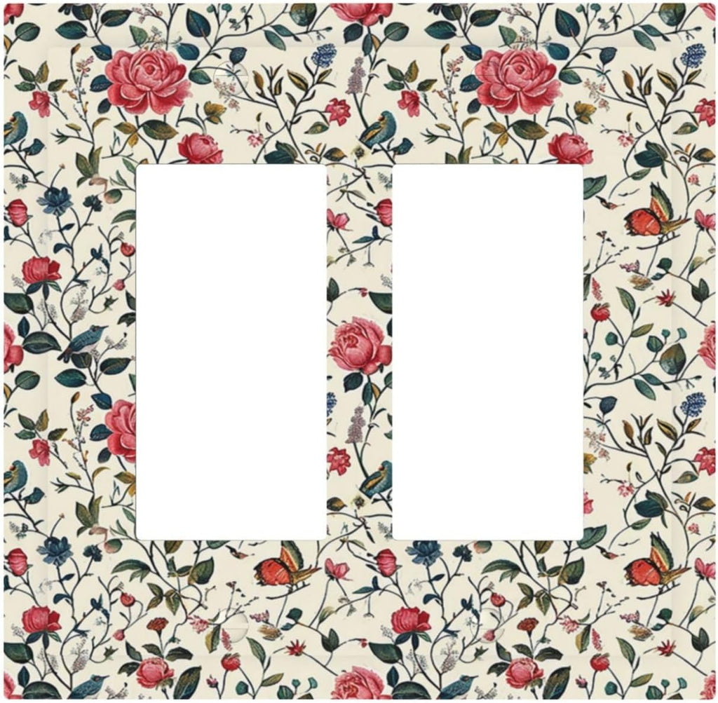 Decorative Outlet Covers Vintage Flowers Rose Leaf Bird Butterfly 2 Gang Double GFCI Rocker Electrical Wall Panels Light Switch Cover Plate for Bedroom living Room Decor