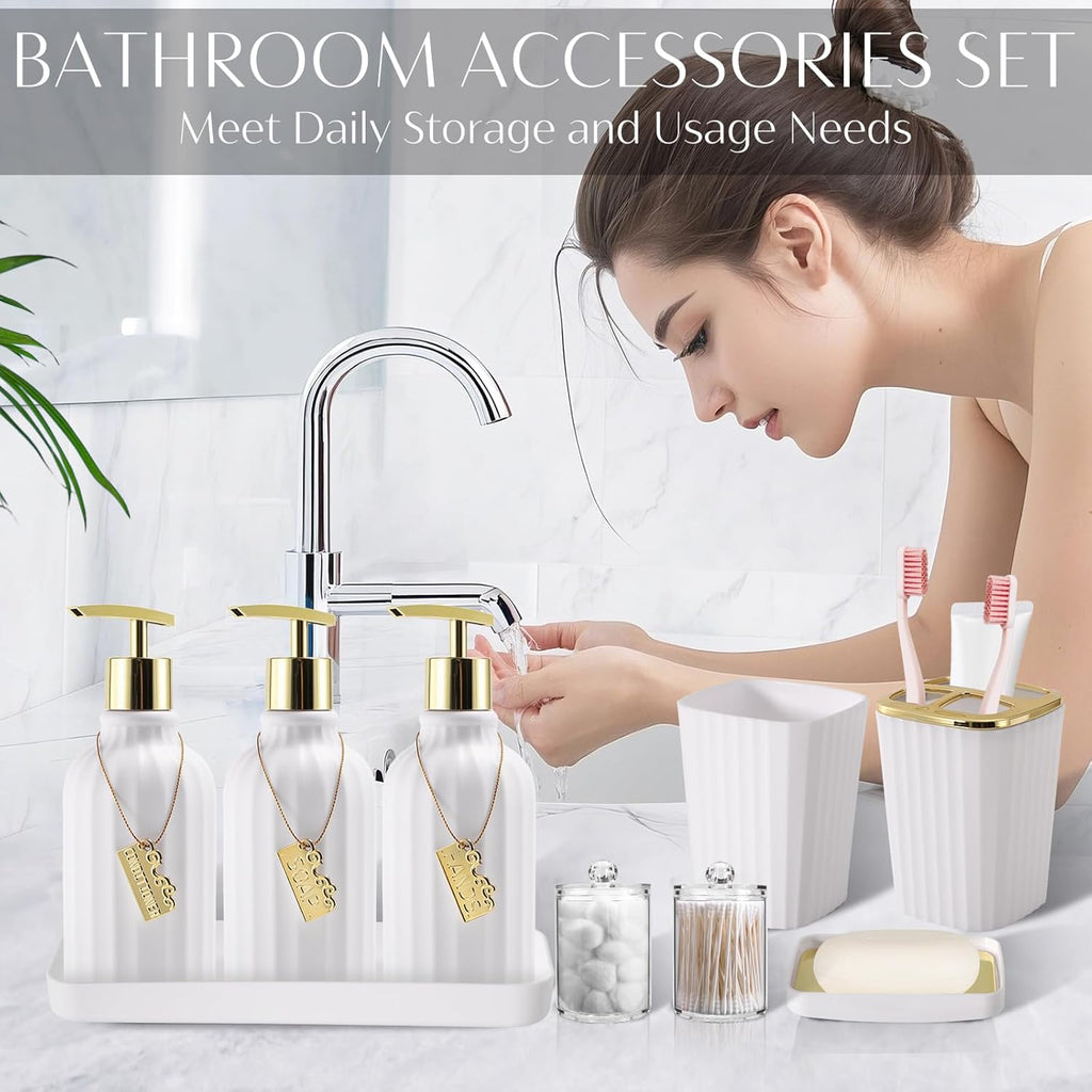 17PCS Bathroom Accessory Set Bathroom Set Gold Bathroom Accessories,Toilet Brush, Trash Can, Qtip Holder Dispenser& 3PCS Soap Dispenser
