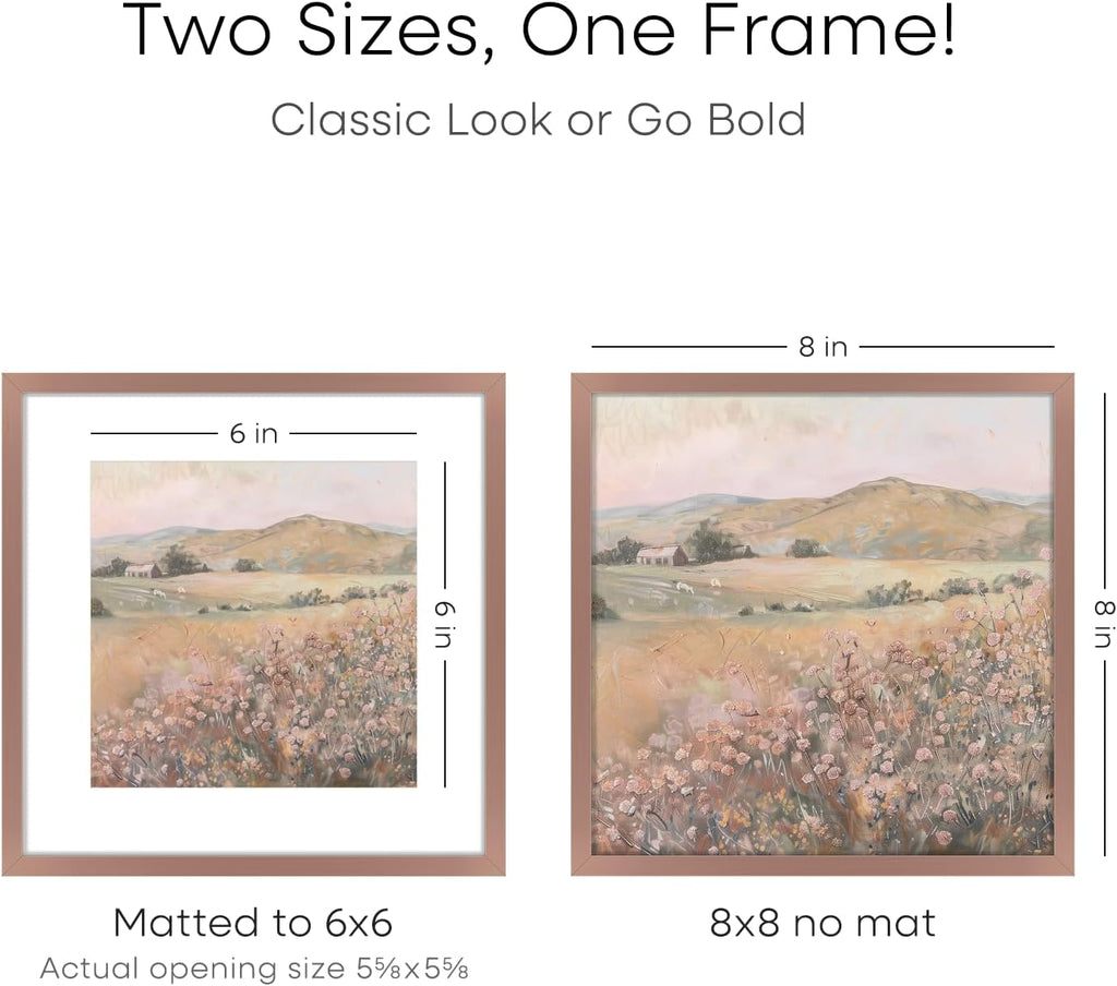 Homeforia 8x8 Mocha Picture Frame, High End Metal 8 x 8 Square Photo Frames with Mat 6 by 6, 8x8 Poster Frame Matted to 6x6 inch Print, 8by8 Wall or Tabletop Frames, Tempered Glass, Wall Kit, Set of 1
