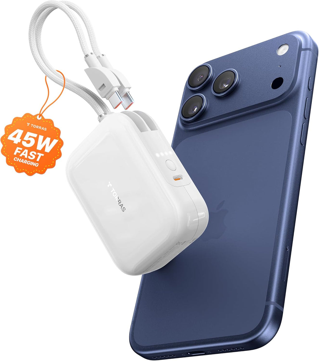 TORRAS 45W Portable Charger, Smallest 10000mAh Power Bank with Built in USB-C Cable, Fast Charging USB C in&Out Battery Pack, Travel Phone Charger for iPhone Air/17/16/15 Series, Samsung, iPad etc