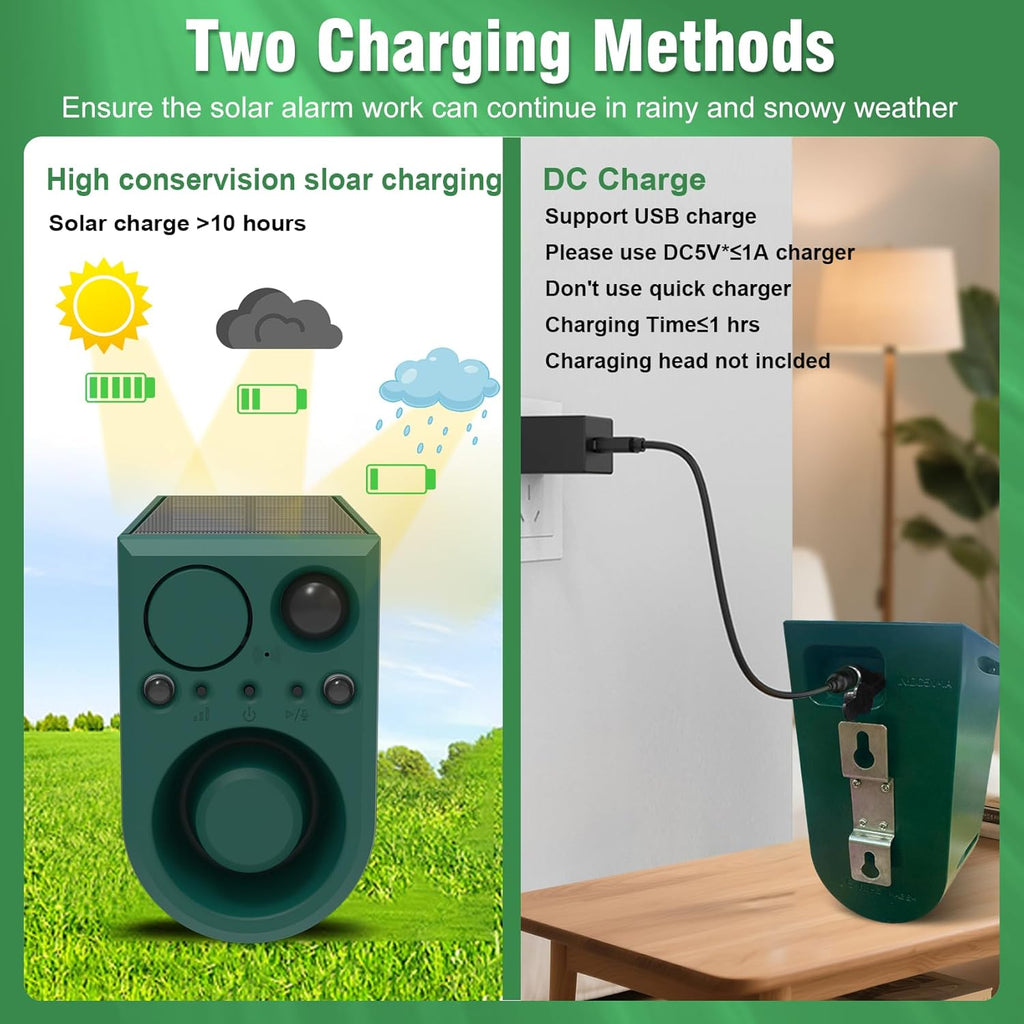 ChunHee Solar Outdoor Motion Sensor Alarm with Dog Barking Alarm Sound, Support Recording and Adjustable Volume, 129db Loud Noise Maker 4 Work Modes Strobe Light for Home, Villa, Farm, Barn (1pack)