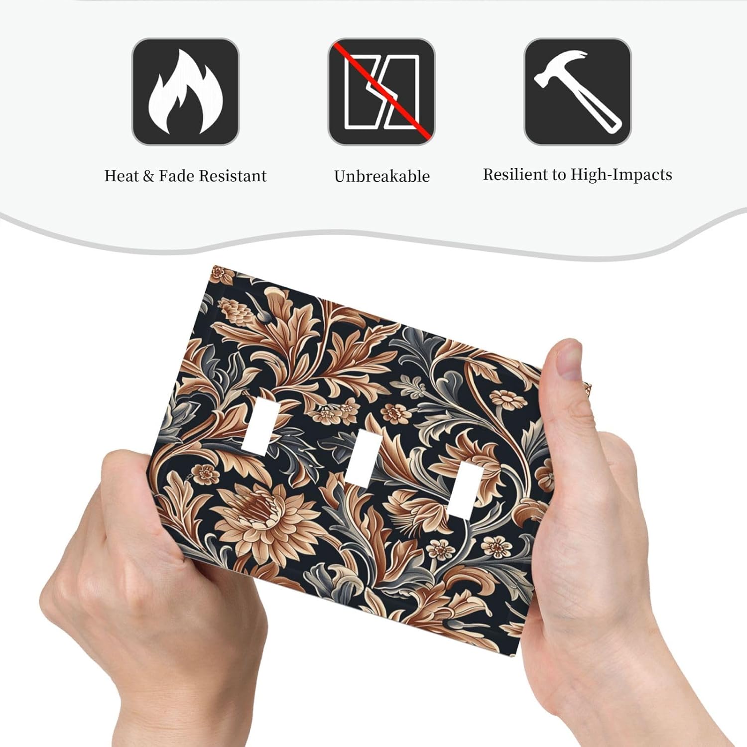 Decorative Switch Plates Vintage Grey Plant Leaves Brown Flowers 3 Gang Wall Plate Triple Toggle Light Switch Cover Faceplate Electrical Wall Panels for Bedroom Home Decor