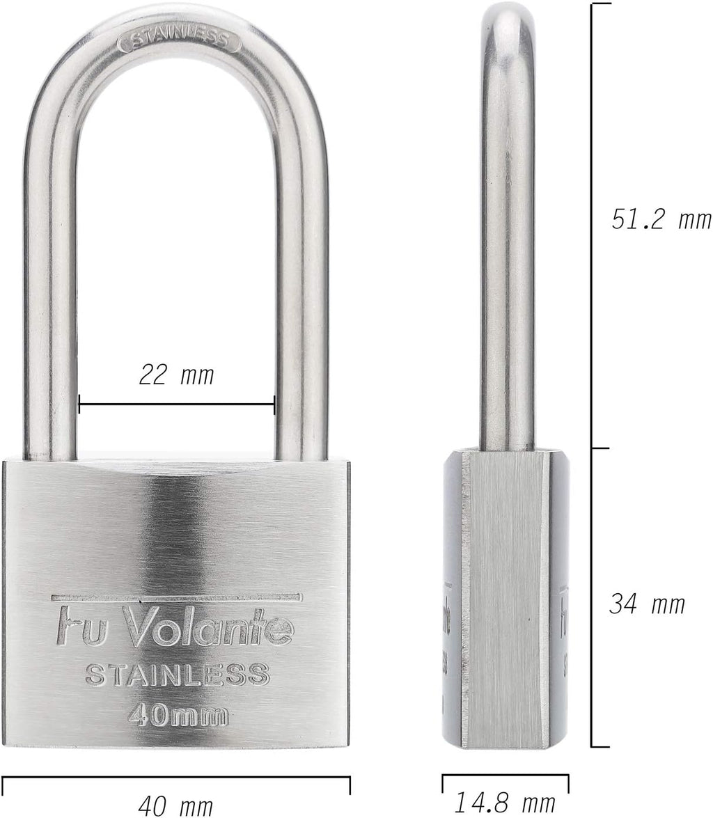 Stainless Steel Pin Tumbler Padlock, 304 Marine Series, Weatherproof Padlock for Outdoor use, 1-1/2 inch Wide Body, Keyed Alike Locks- Stainless Steel Body & Long Shackle-2 Pack