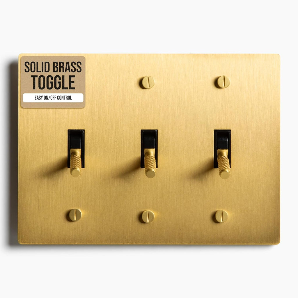 3-Gang Satin Solid Brass Plated Toggle Switch, 15A 120V AC Wall Mount, 3-Way Compatible Vintage Style Single Pole with Faceplate & Switch Module