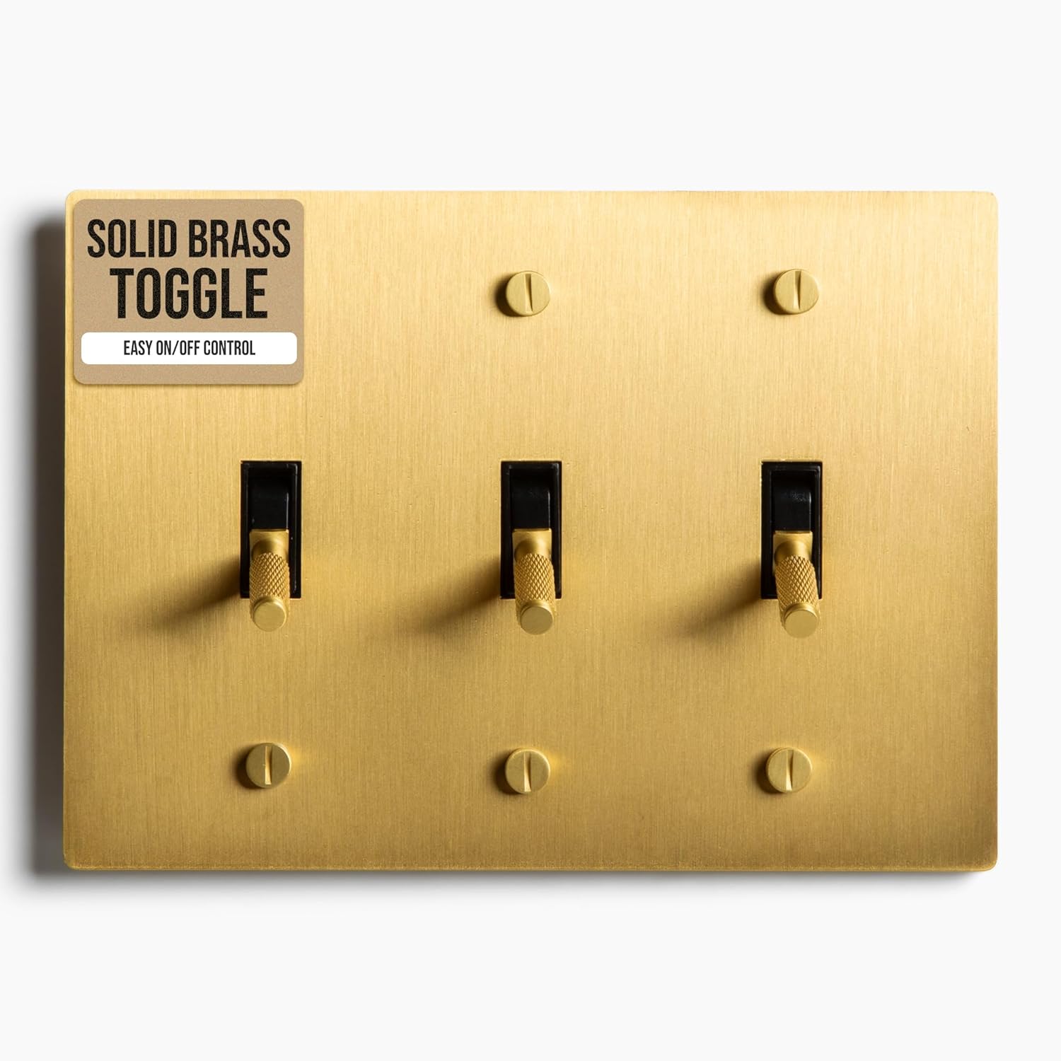 3-Gang Satin Solid Brass Plated Toggle Switch, 15A 120V AC Wall Mount, 3-Way Compatible Vintage Style Single Pole with Faceplate & Switch Module