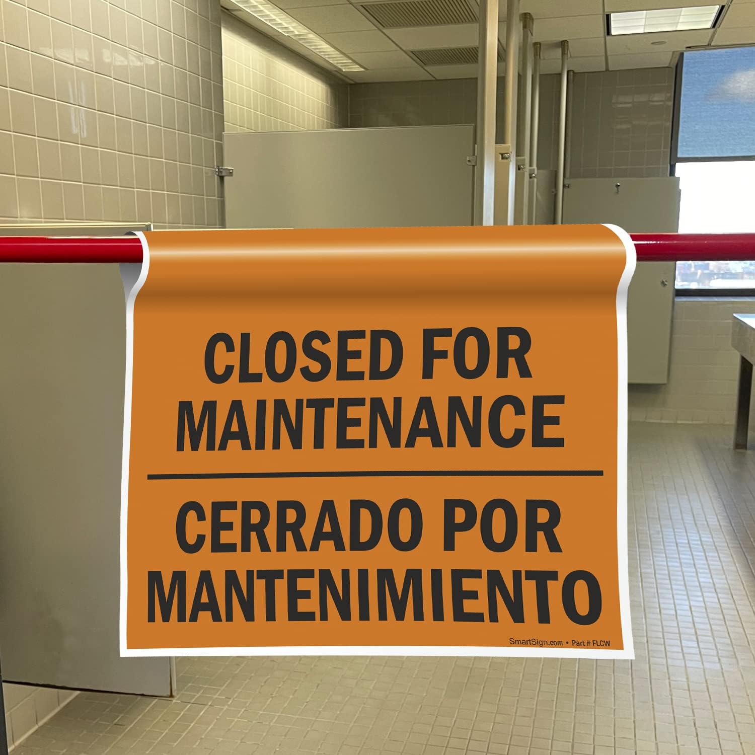 SmartSign "Closed For Maintenance" Bilingual Hanging Doorway Barricade Sign, Spring-loaded Adjustable Twist-To-Tighten Aluminum Pole & 11.25" x 18" Vinyl Sign Kit, Black/Orange, USA-Made