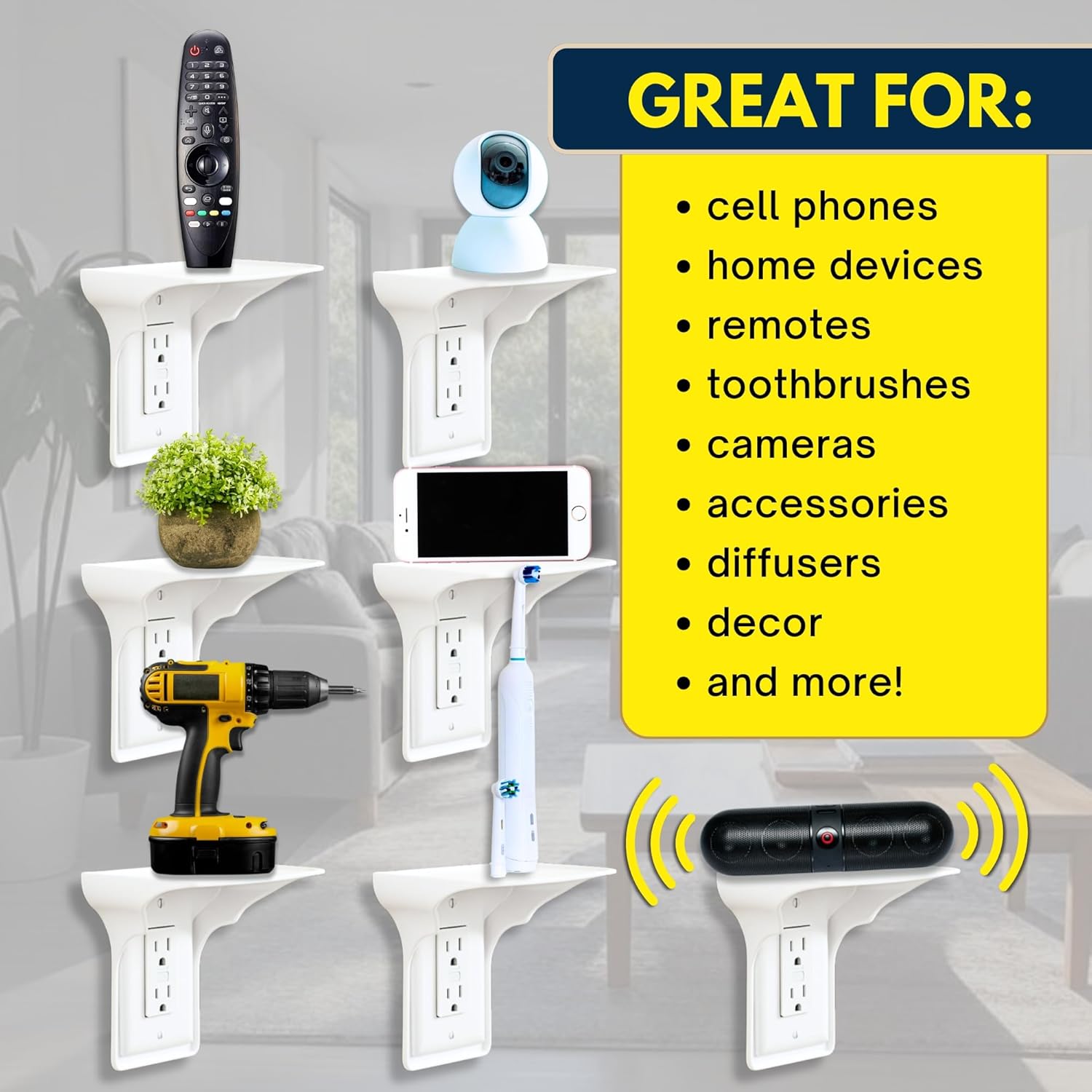BeraTek Power Perch Wall Outlet Shelf with Cord Storage Strap - Declutter & Reclaim Counter Space - Top Uses: Charging Shelf, Echo Dot Stand, Apple HomePod Mini Wall Mount - White, 2-Pack