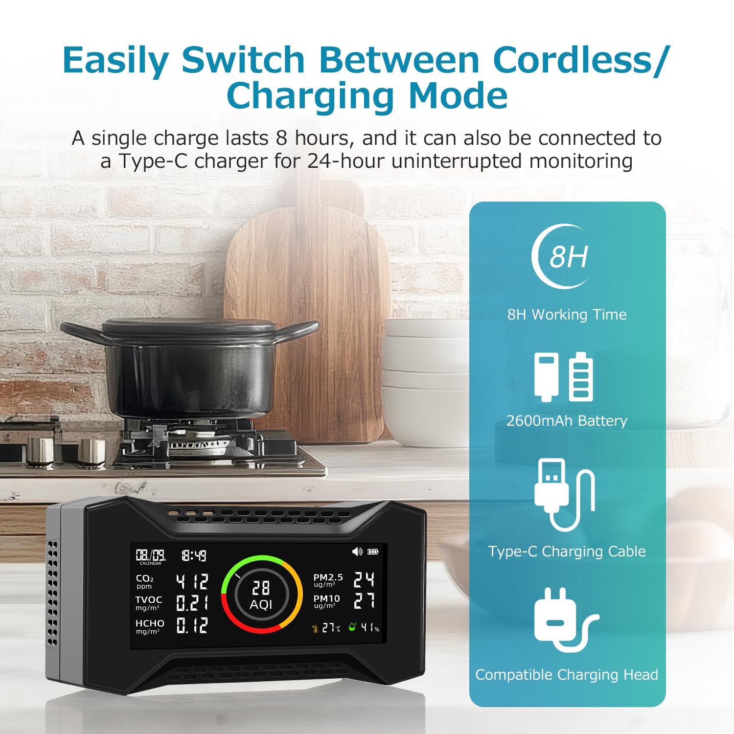 8-in-1 Air Quality Monitor Indoor, CF-20 Portable Air Quality Tester CO2 Monitor (PM2.5, PM10, CO2, VOC, Formaldehyde, Humidity, Temp) Wildfire Protection Long Battery Life & Real-Time Data