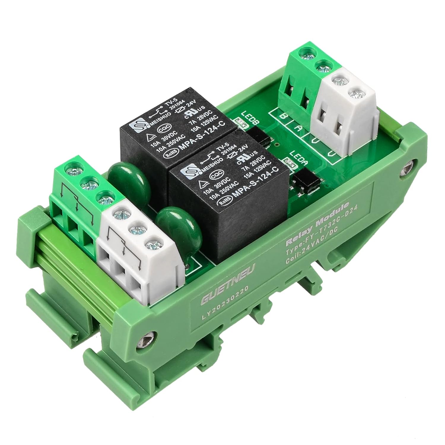 Relay Board, Relay Module 2 Channel 1 SPDT DIN Rail Mount 24V DC/AC, Interface Board(FY-T732C-D24)