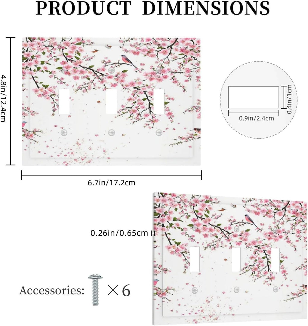 Decorative Light Switch Plate Covers Rustic Plum Blossom Pink Flowers 3 Gang Light Switch Cover Triple Toggle Wall Plate Outlet Covers for Country Home Bedroom Decor