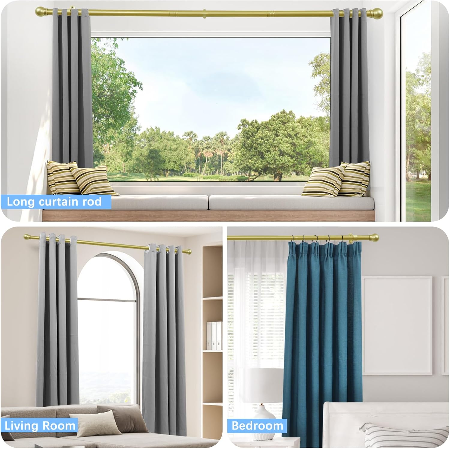 Curtain Rods for Windows 16 to 136 Inches, Curtain Rod Max Adjustable Length of 144 IN, 6/8" Diameter Drapery Rods Round Finials, Warm Gold, Pack of 2