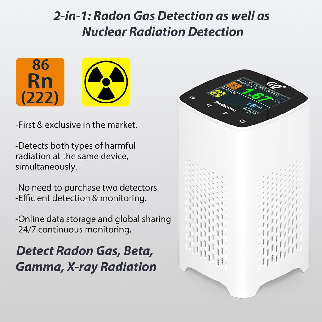 GQ Radon Detector Radon Pro 2-in-1 Radon Monitor Nuclear Radiation Detector Geiger Counter simultaneously Detection Fast Accurate Color Simple Display Made in USA
