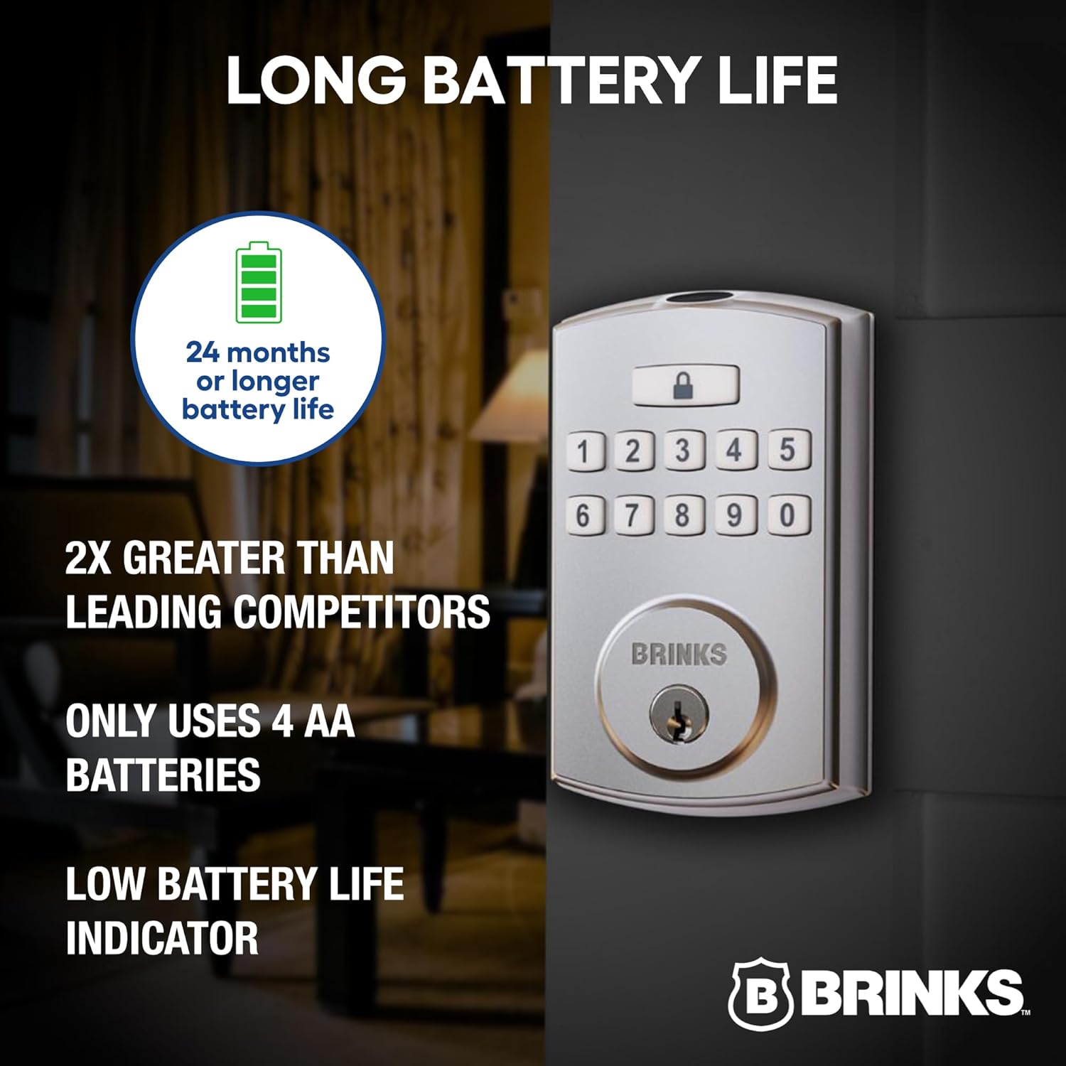 BRINKS Security Door Locks, High-Security Keyless Entry, Smart Electronic Door Lock with Deadbolt, Up to 50 Codes, Automatic Locking (Deadbolt & Passage Lever, Satin Nickel)