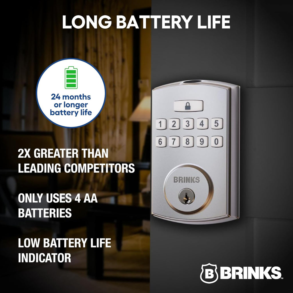 BRINKS Security Door Locks, High-Security Keyless Entry, Smart Electronic Door Lock with Deadbolt, Up to 50 Codes, Automatic Locking (Deadbolt & Passage Knob, Satin Nickel)