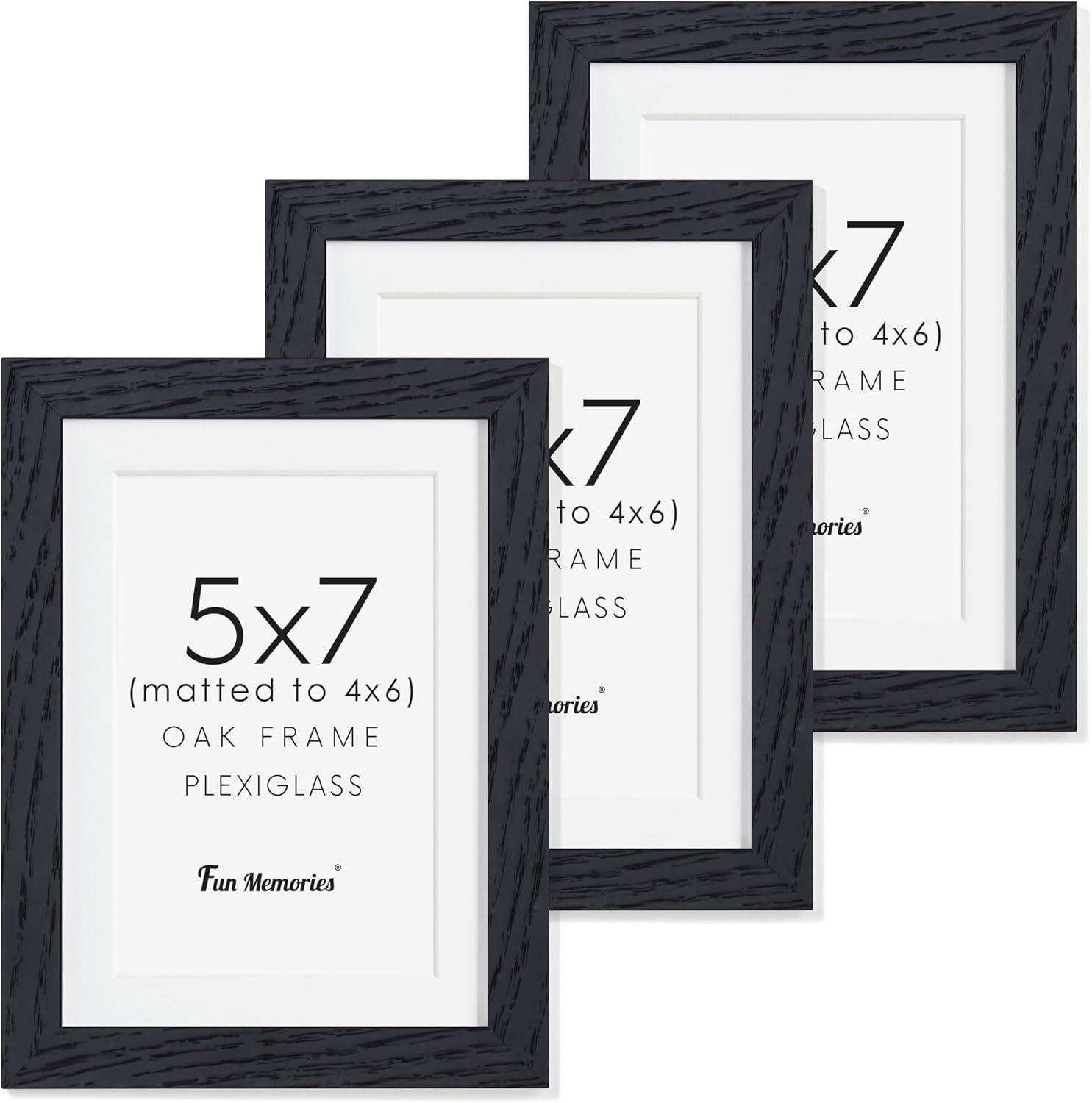 5x7 Picture Frame, Solid Oak Wood 5 x 7 Frame with Plexiglass, 5 by 7 Photo Frame for Wall & Tabletop Display, 5x7 Picture Frame Matted to 4x6, Black Color, 3 Pack