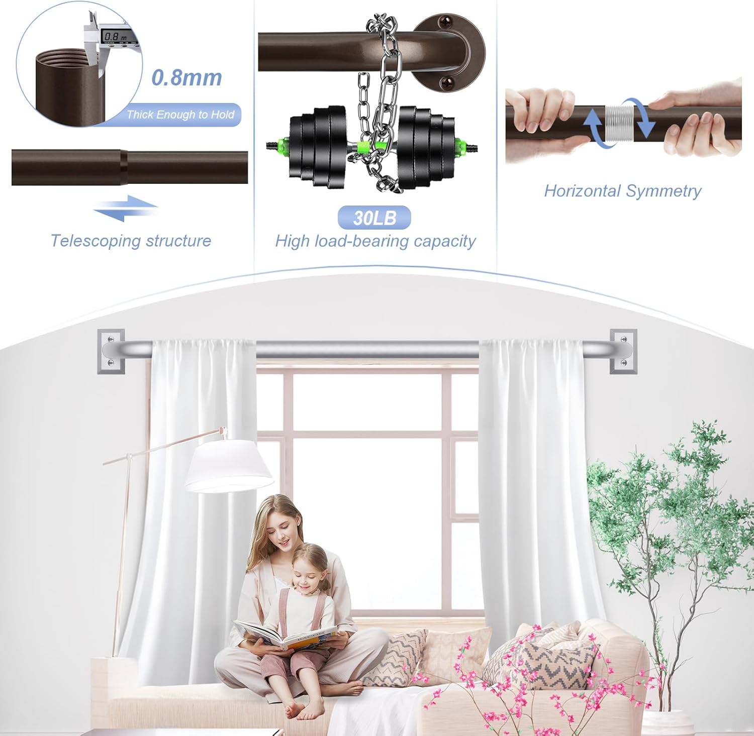 Bronze Wrap Around Curtain Rods 28 to 48 Inch:Blackout Heavy duty Adjustable Window Curtain Rod for Bedroom,Industrial Darkening Curved French Metal Single Drapery Rods Set Easy Install,Brown