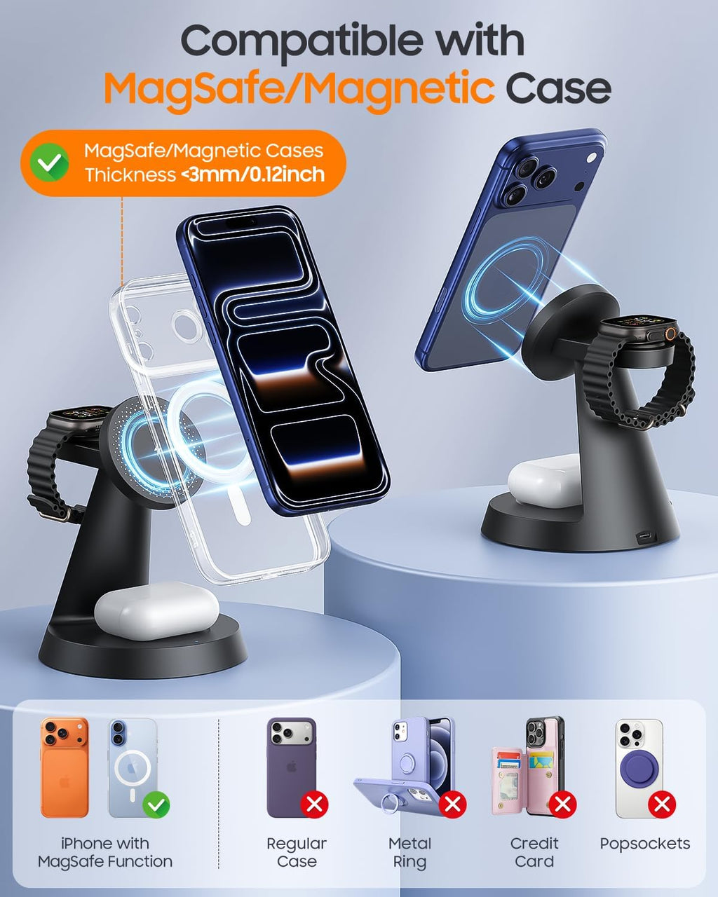3 in 1 Magnetic Charging Station for Apple Devices, 15W Fast Wireless Charger Compatible with MagSafe Charging Stand Dock for iPhone 17 16 15 14 13 12, Watch Charger Stand for Apple Watch & Earbuds