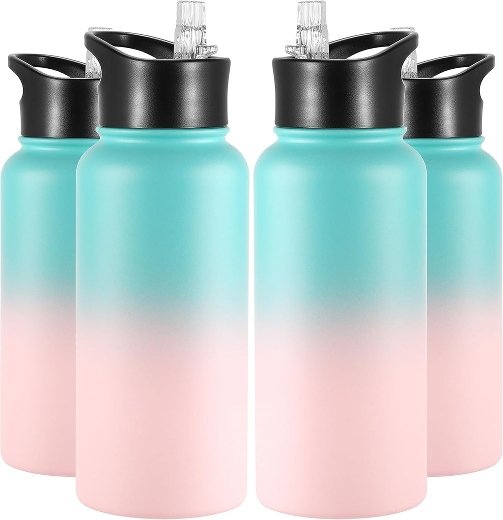 VEGOND 32 oz Insulated Water Bottle Bulk Stainless Steel Metal Water Bottles with Leak Proof Straw Lid & Spout Lid, Wide Mouth Double Walled Vacuum Travel Sports Bottle, 4 Pack