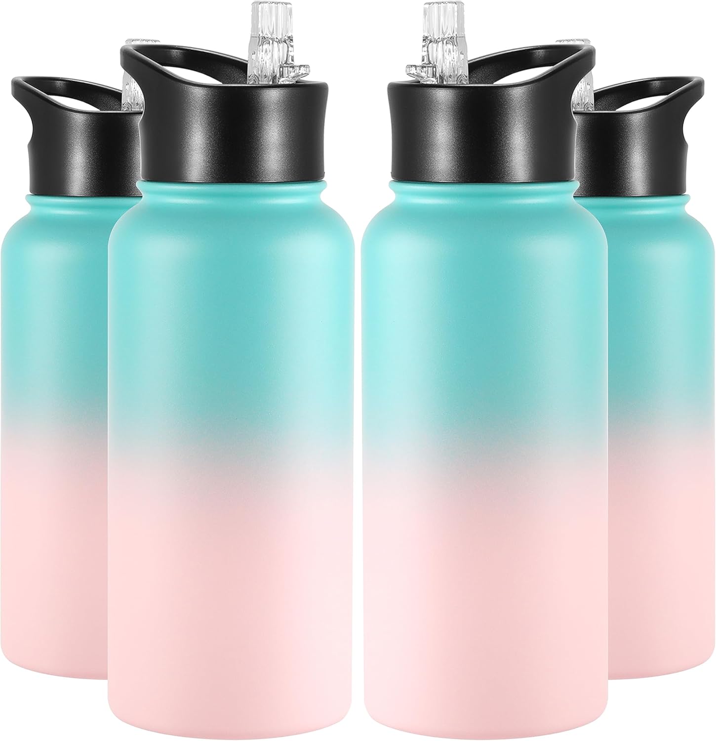 VEGOND 32 oz Insulated Water Bottle Bulk Stainless Steel Metal Water Bottles with Leak Proof Straw Lid & Spout Lid, Wide Mouth Double Walled Vacuum Travel Sports Bottle, 4 Pack