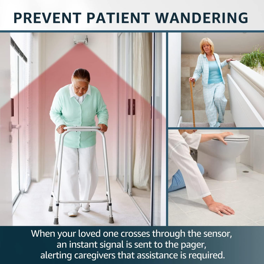 Bed Alarm Caregiver Pager with Wireless Motion Sensor Alarm Indoor Fall Prevention for Elderly Monitoring Seniors Dementia Patients Seniors Home Door Chime