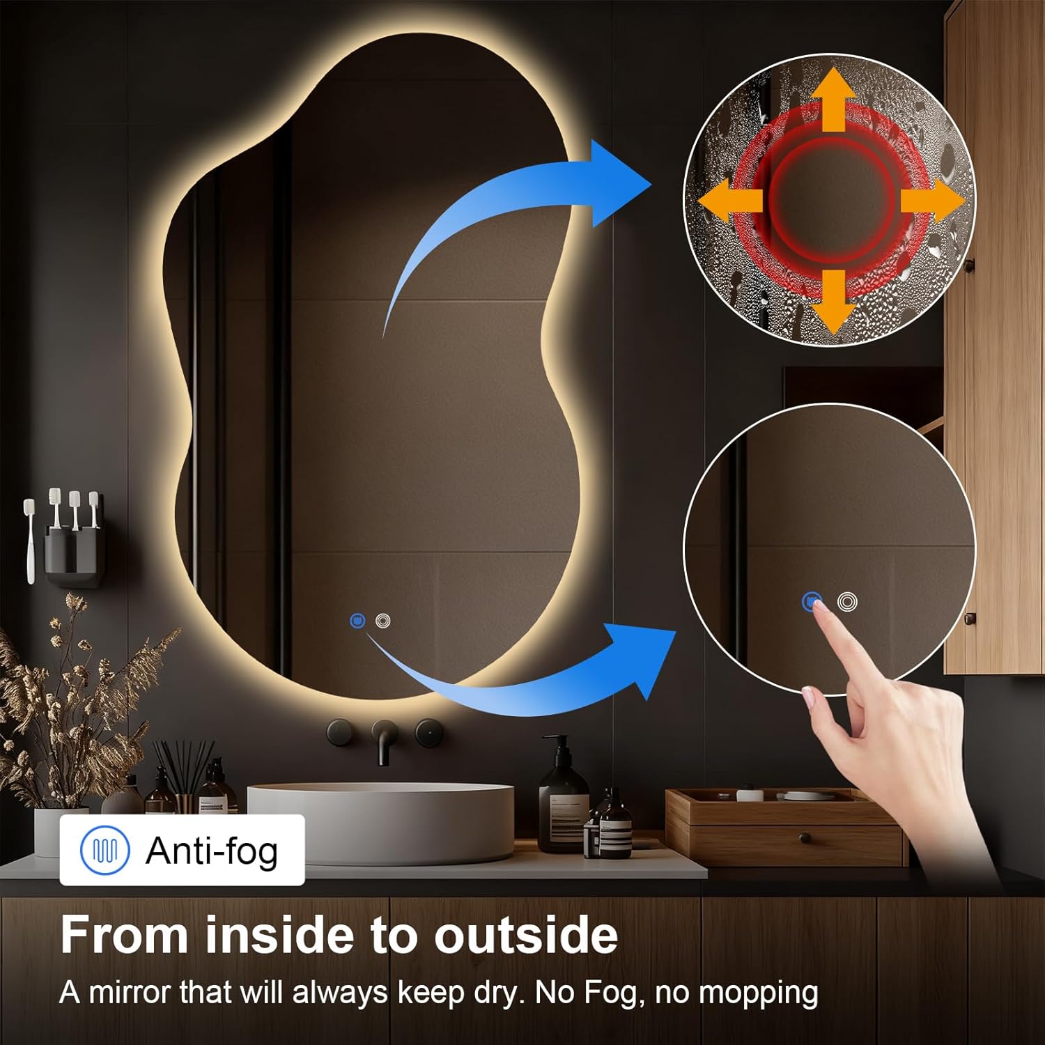 Asymmetrical Lighted Mirror for Bathroom,Modern LED Vanity Mirror with Backlit,Fog-Free,Tri-Color Dimmable Lighting with Memory Function,Hardwire Ready [Horizontal/Vertical] 48" H x 30" W