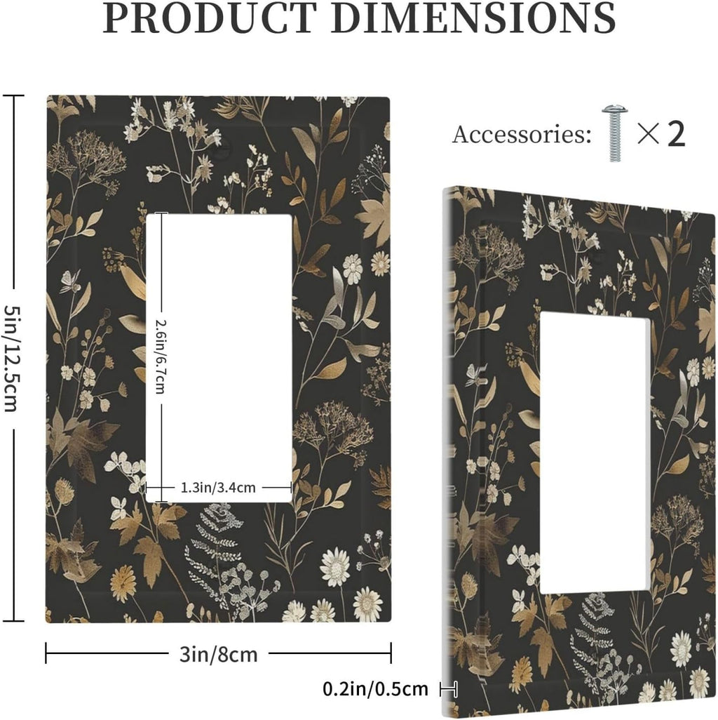 Decorative Outlet Covers Black Gold Floral Dark Leaves Vintage Flowers 1 Gang Single Rocker Light Switch Cover Plate Wall Plates GFCI Faceplate for Bed Room Home Decor