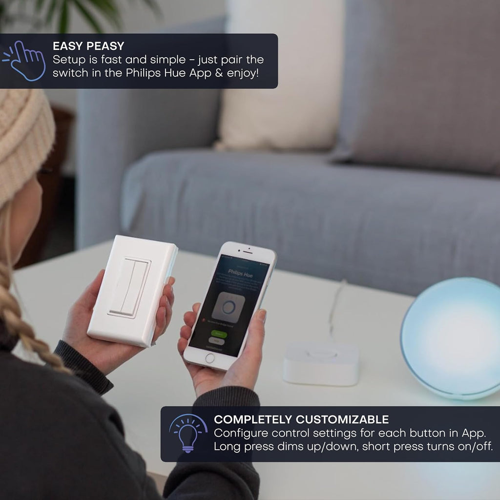 RunLessWire Click for Philips Hue – Battery-Free Wireless Smart Light Switch, 30ft Range – Works Natively with Philips Hue Bridge – Wall Mount Kinetic Switch - Decora Style, White 3 Pack