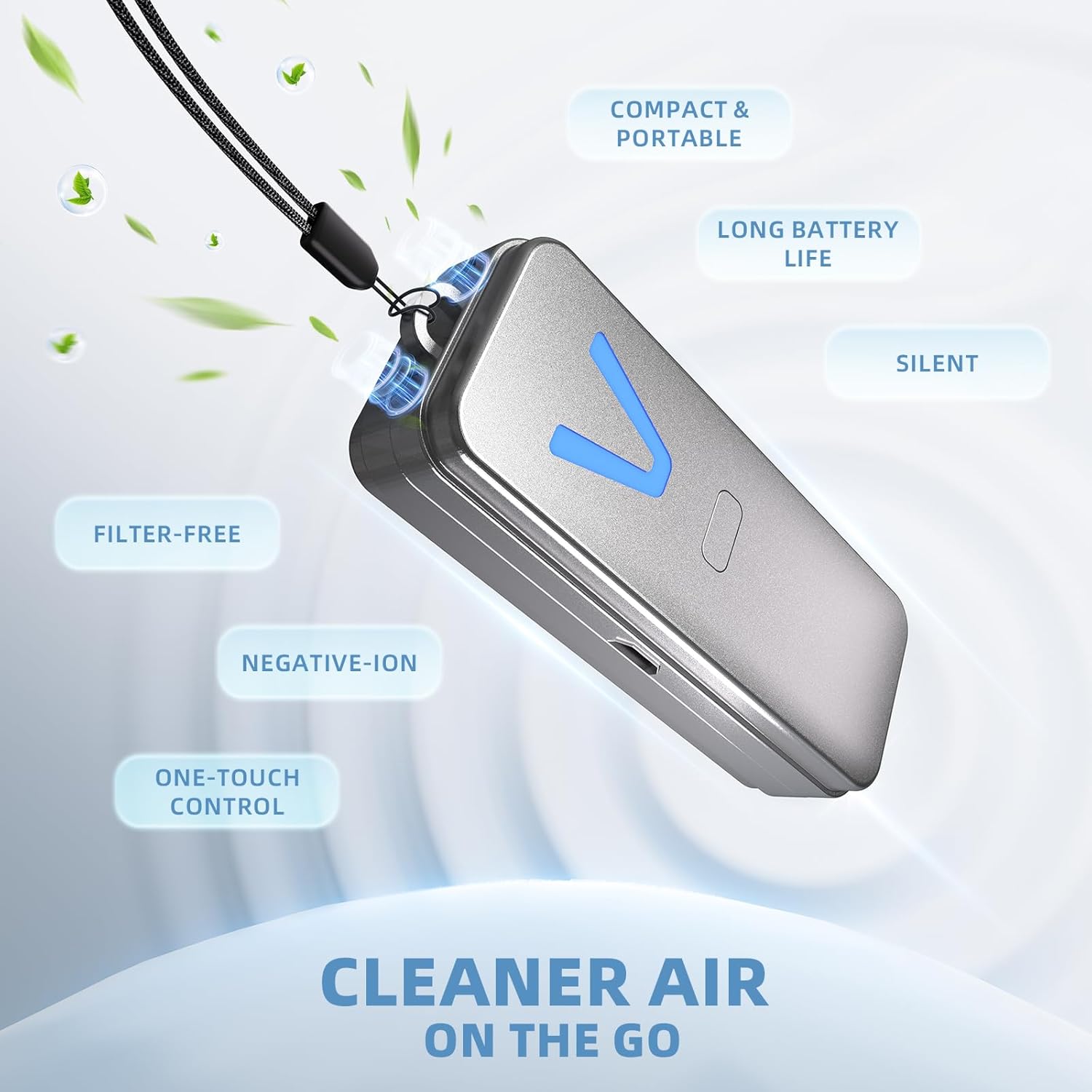 Air Purifier – F2V Portable Personal Wearable Mini Negative Ion Air Ionizer, USB Rechargeable, Filter-Free & Quiet, Ideal for Travel, Commute, Home & Office, Gray or White