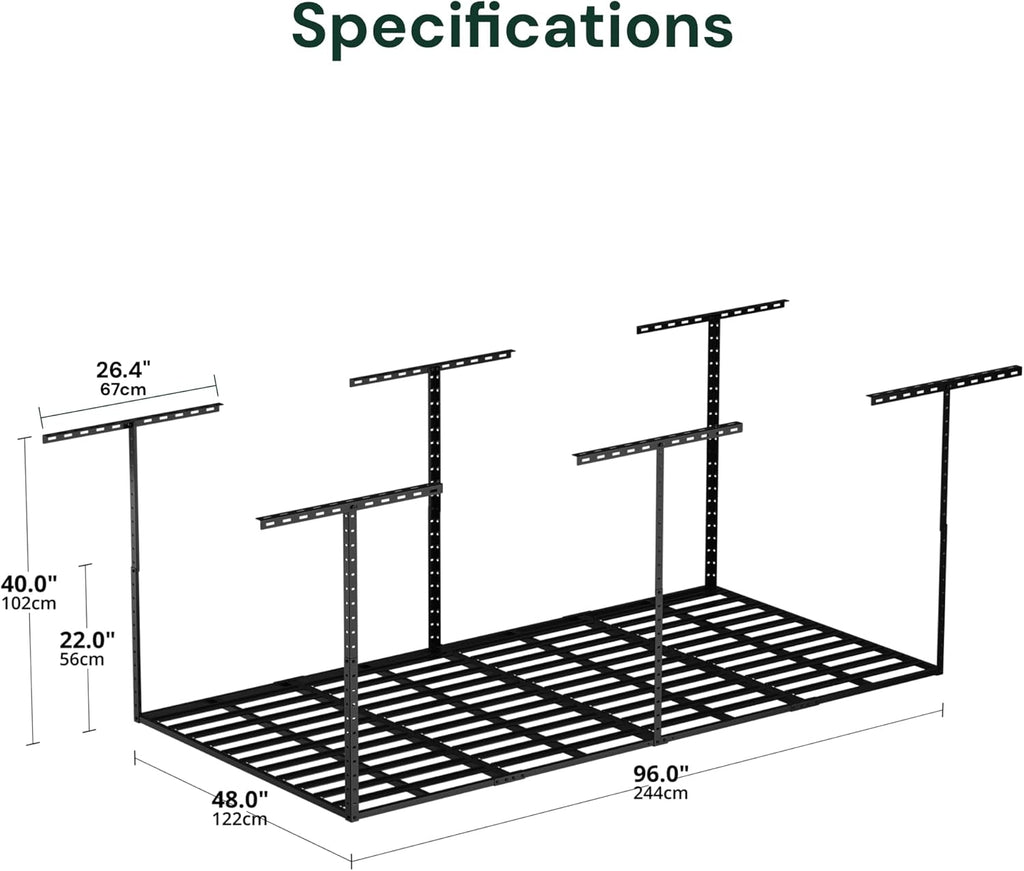 SunsGrove 4x8 Garage Storage Overhead Rack Organization, Adjustable Ceiling Mounted Storage Racks, 800LBS Weight Capacity, 22"-40" Ceiling Dropdown, 2 Pcs, Hammertone Black