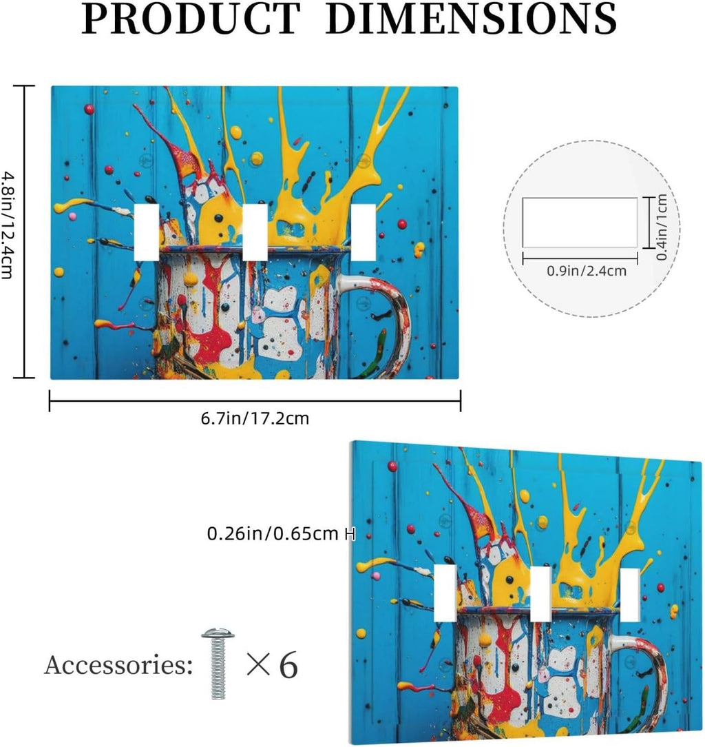 Decorative Light Switch Cover Plate Colorful Paint Splatters Blue Wood Plank 3 Gang Wall Plate Oversized Triple Toggle Switch Cover Plate Jumbo Faceplate for Bedroom Decor