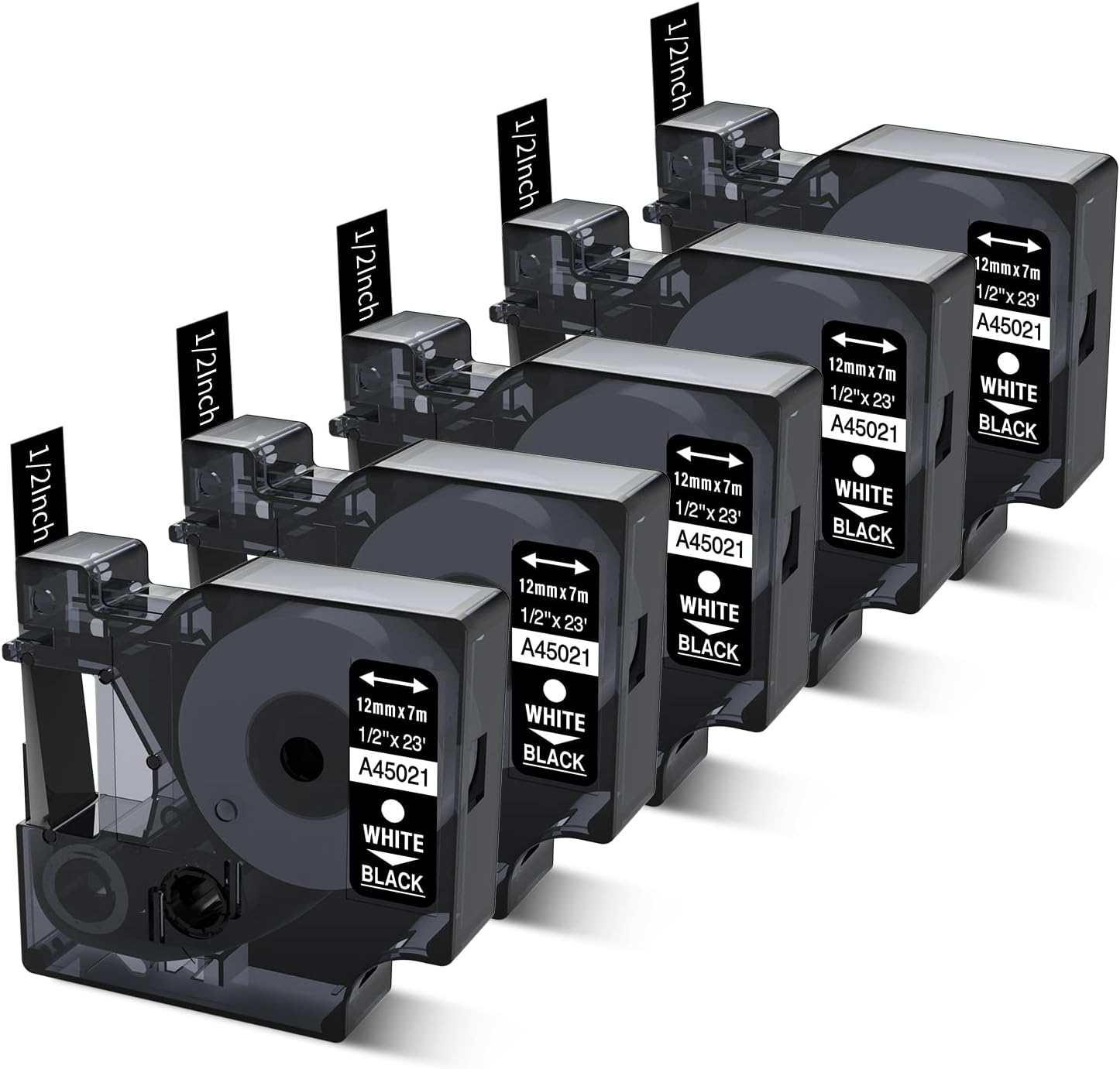 Freshworld 5-Pack Replacement for Dymo D1 Label Tape White on Black 45021 S0720610 Permanent Polyester Tapes,1/2 Inch(12mm) x 23Ft(7m),for Dymo LabelManager PnP 160 210D 260P 280 360D 420P Label Maker
