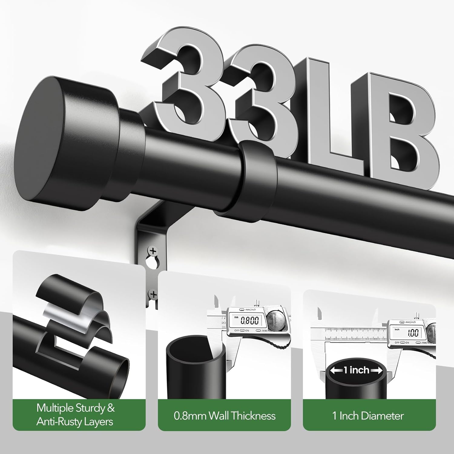 2 Pack Black Curtain Rods for Windows 48 to 84, 1 Inch Adjustable Heavy Duty Long Window Curtain Rod with End Caps, Modern Indoor Outdoor Drapery Rods for Patio Bedroom, Size 32" - 90"
