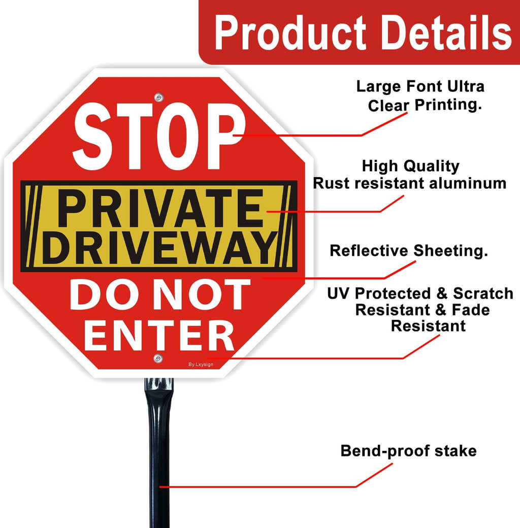 Stop Sign, Do Not Enter Private Driveway Sign with Stake, 36" Tall, 12" x 12", Reflective Aluminum