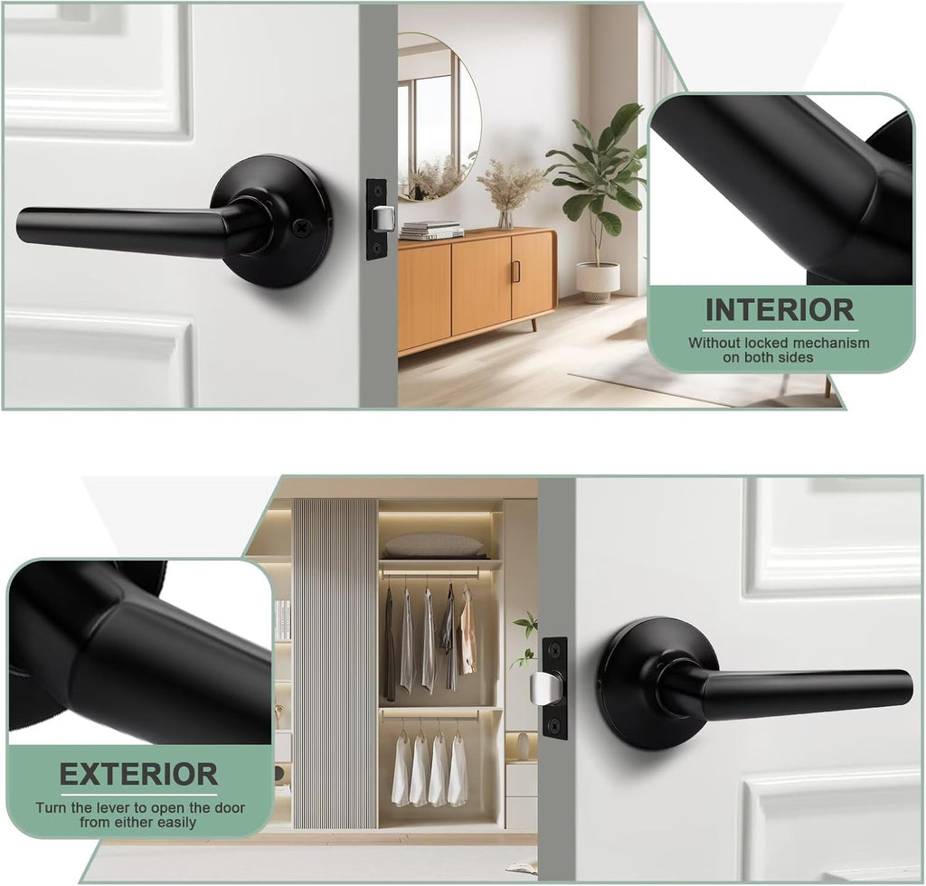 GOBEKOR Matte Black Door Handles Interior,Heavy Duty Passage Door Handles Interior Door Levers for Hallway and Closet, Modern Sleek Round Door Locks