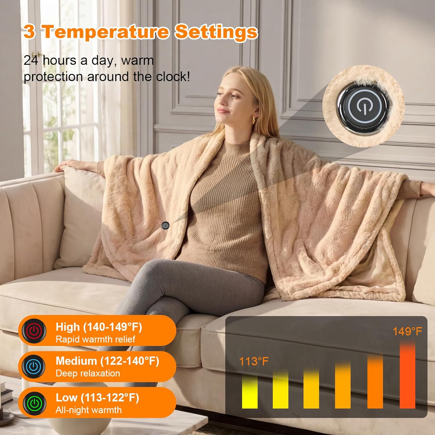 Cordless Heated Blanket Battery Operated with Fleece Lining 7.4V 16000mAh Battery Portable Wearable Heated Shawl for Women Men 6 Heating Zones 3 Fast-Heating Levels (Battery Included)
