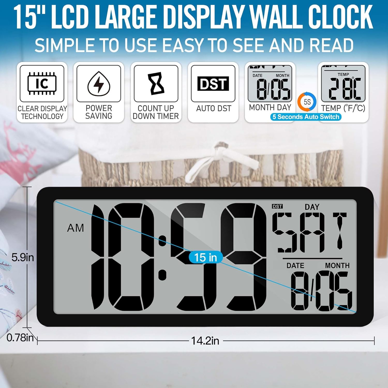TXL 14.2"" Large Digital Wall Clock Battery Operated, Digital Clock Large display with Day, Date & Temperature, Large wall clock for Bedroom, Livingroom, Office，Battery Included, Black
