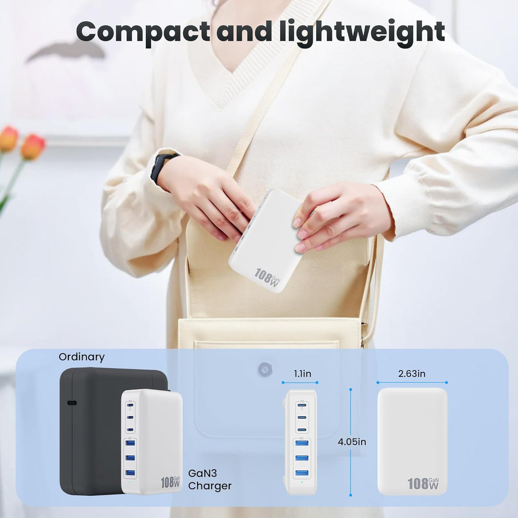 USB C Charger Block Charging Station,108W GaN III 6 Port 3xQC+3xPD Wall Charger Adapter Plug Cube,Super Fast Type C Charging Hub Box for iPhone 17 16 15 14 13 Pro Max iPad Samsung Pixel 5ft Cord-White