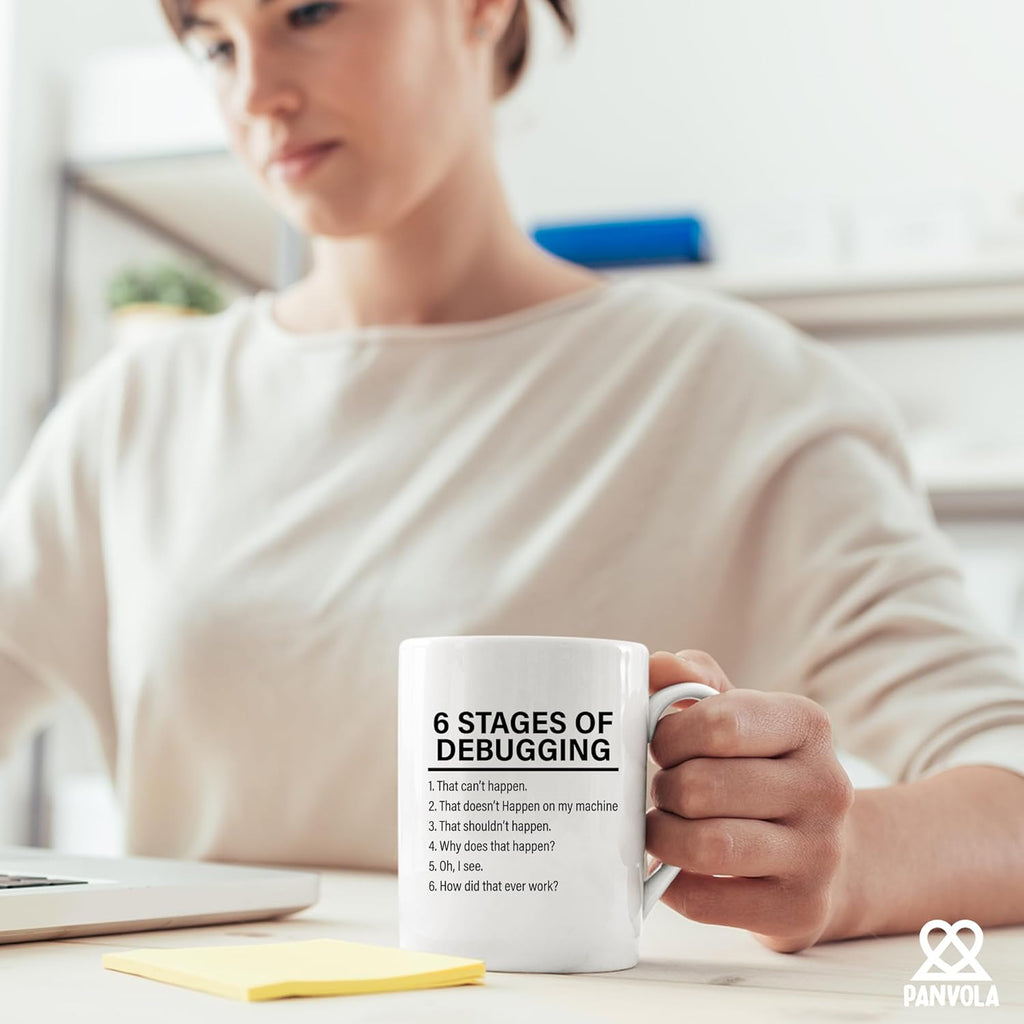 Panvola Stages Of Debugging Computer Programmer Gift Funny Programming Mug For Dad Husband Boyfriend Coworker From Wife Girlfriend Friends 11 oz White Coffee Cup