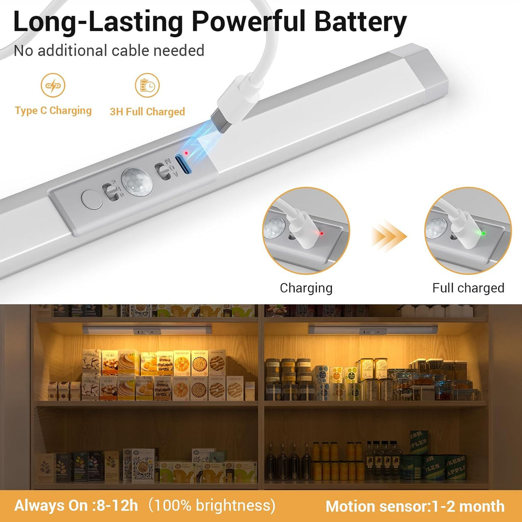 WOBANE LED Closet Lights Motion Sensor with Eye-Protection,Rechargeable Wardrobe Lighting with 3 Color,Dimmable Battery Operated Light Indoor for Bed,Shelf,Drawers,Gun Safe,900mAh,1PCS