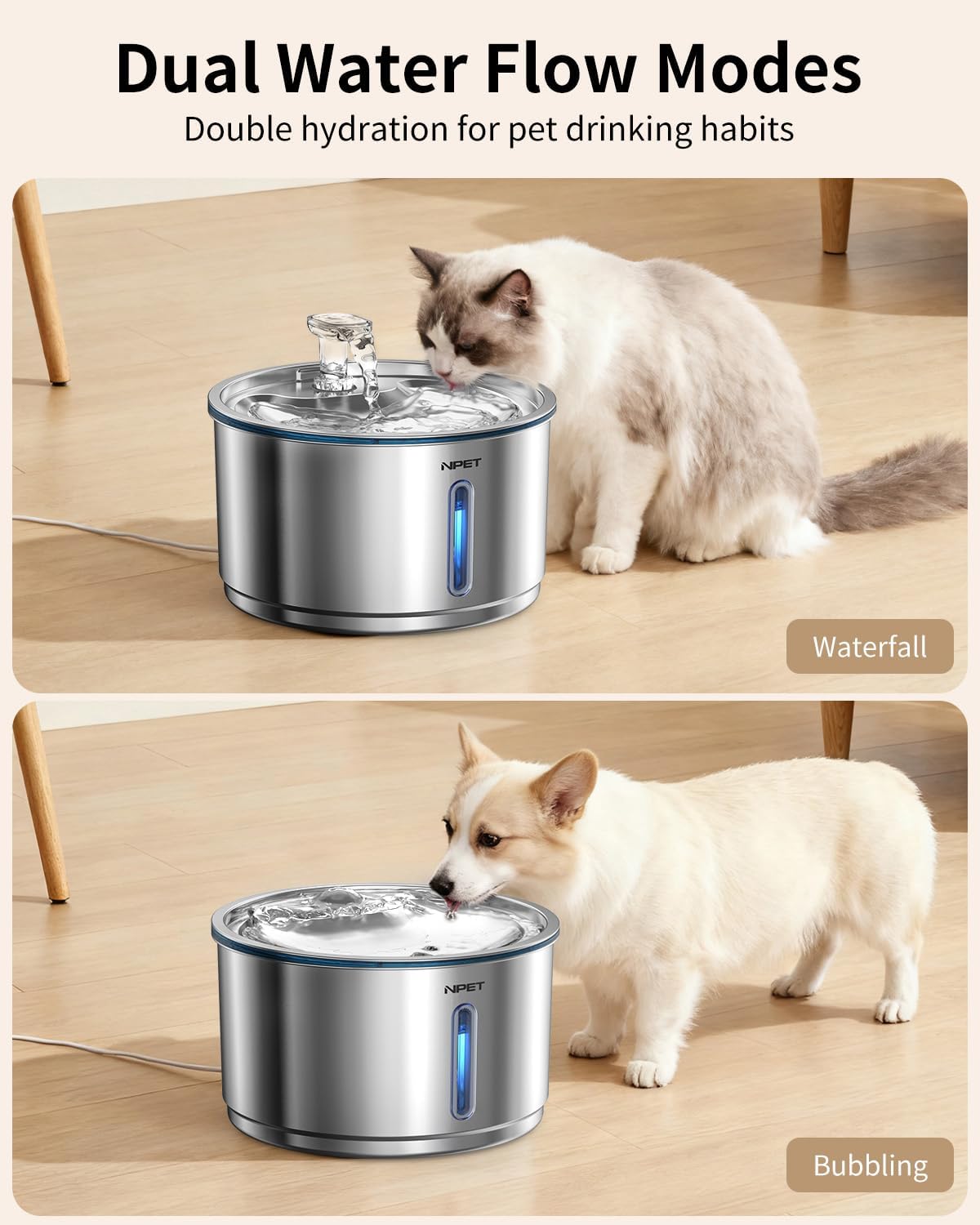 NPET Stainless Steel Cat Water Fountain, 1Gallon/135oz Automatic Pet Drinking Fountain Dog Water Dispenser with 8 Replacement Filters for Cats Indoor